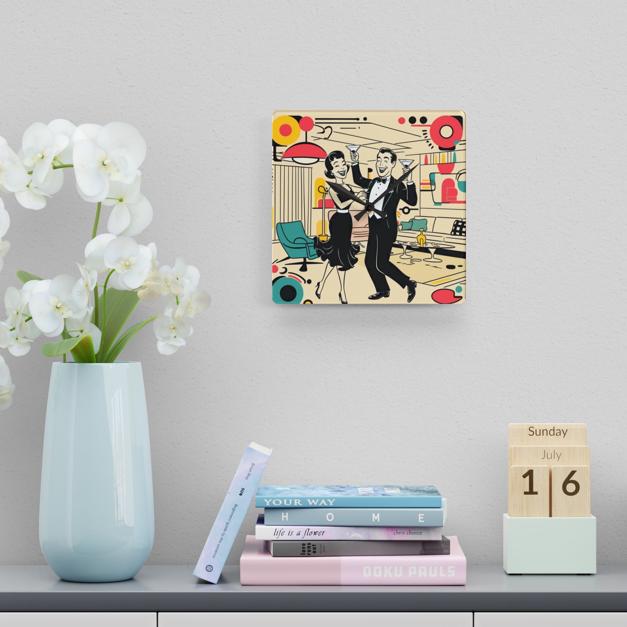 Mid Mod Couple Retro Cocktail Party Acrylic Wall Clock - Fun Vintage Design for Home Decor - Mid Century Modern Gal