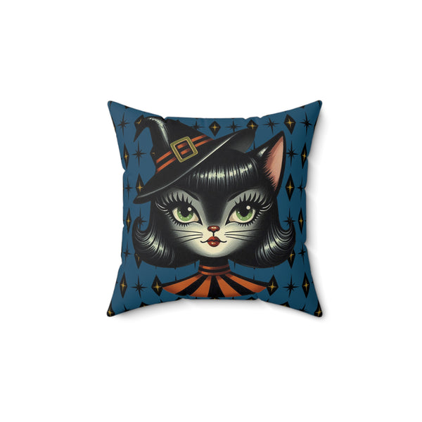 Vintage Halloween Black Cat Sexy Sexton Mid Century Modern Blue Pillow Cover and Insert