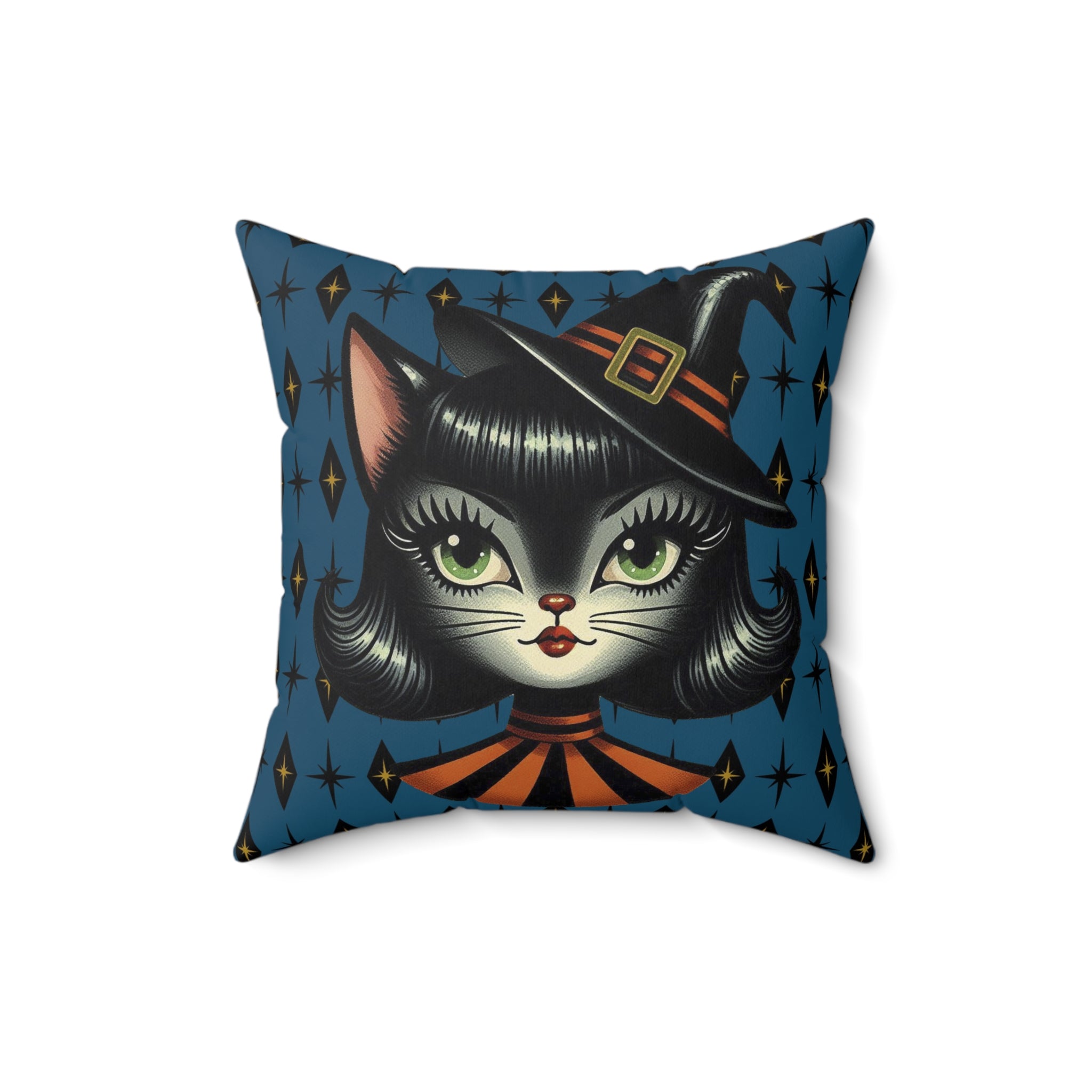 Vintage Halloween Black Cat Sexy Sexton Mid Century Modern Blue Pillow Cover and Insert - Mid Century Modern Gal