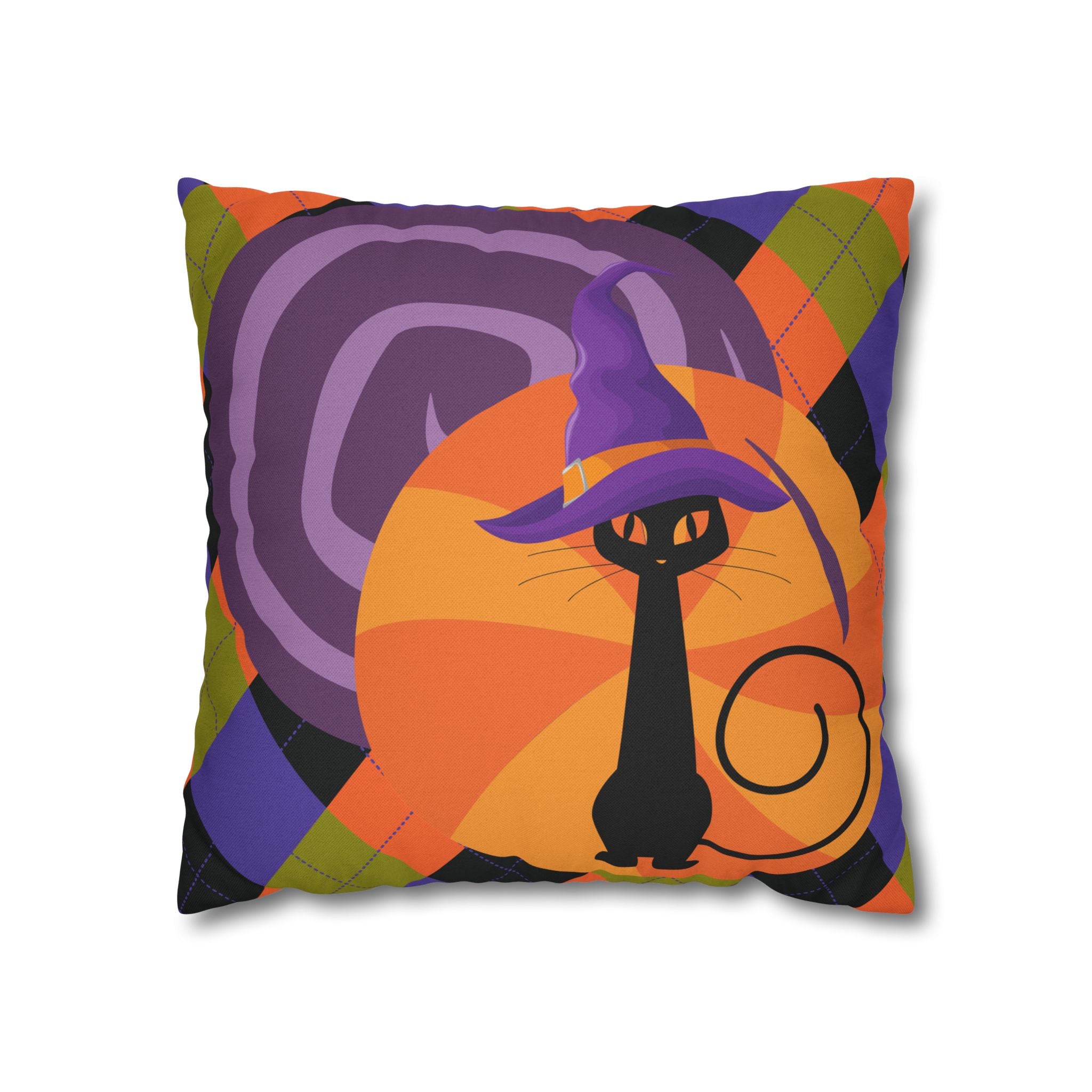 Atomic Cat Harlequin Pattern Orange Purple Black, Kitschy Halloween Pillow Cover - Mid Century Modern Gal