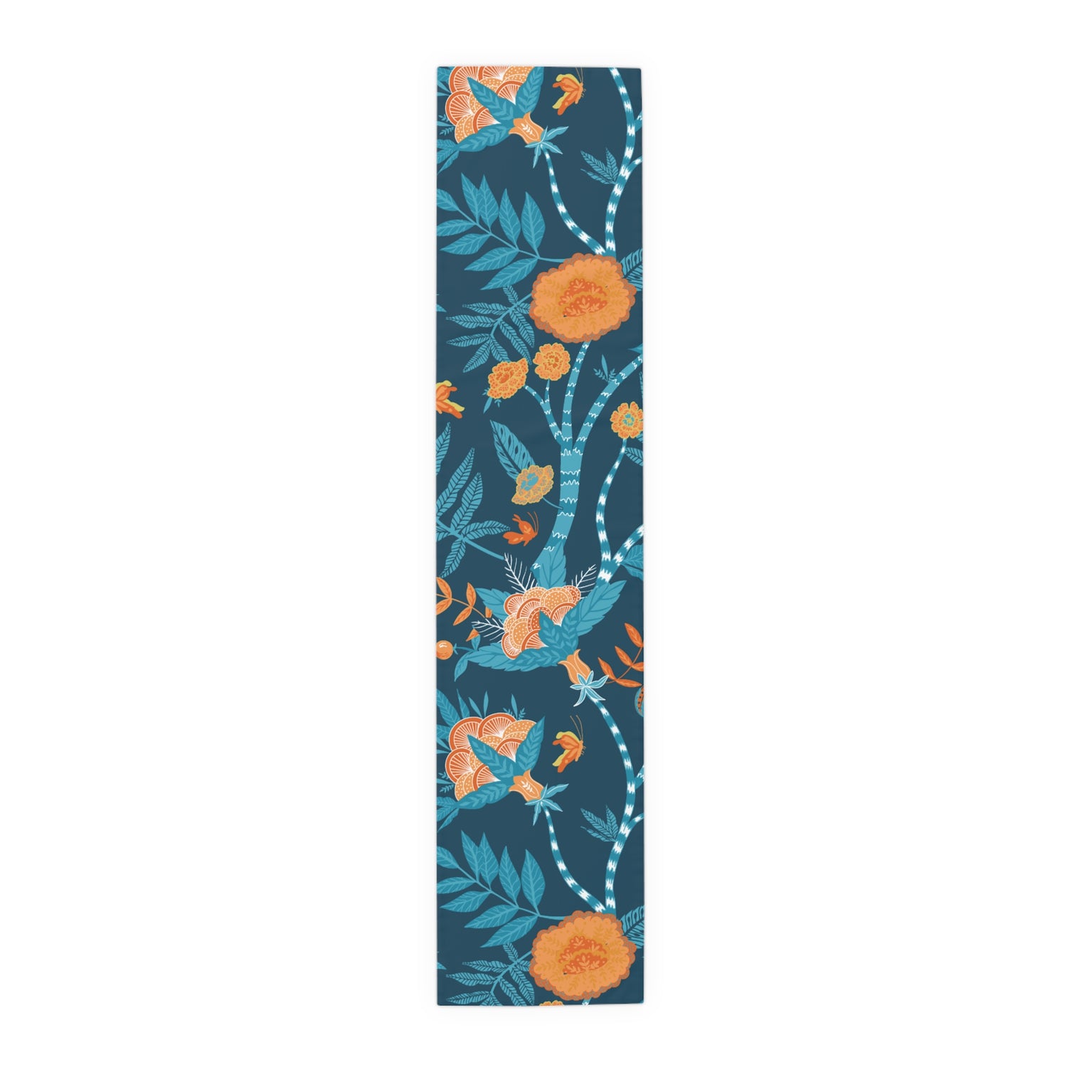 Beautiful Chinoiserie Tanquil Blue, Orange Floral Table Runner - Mid Century Modern Gal