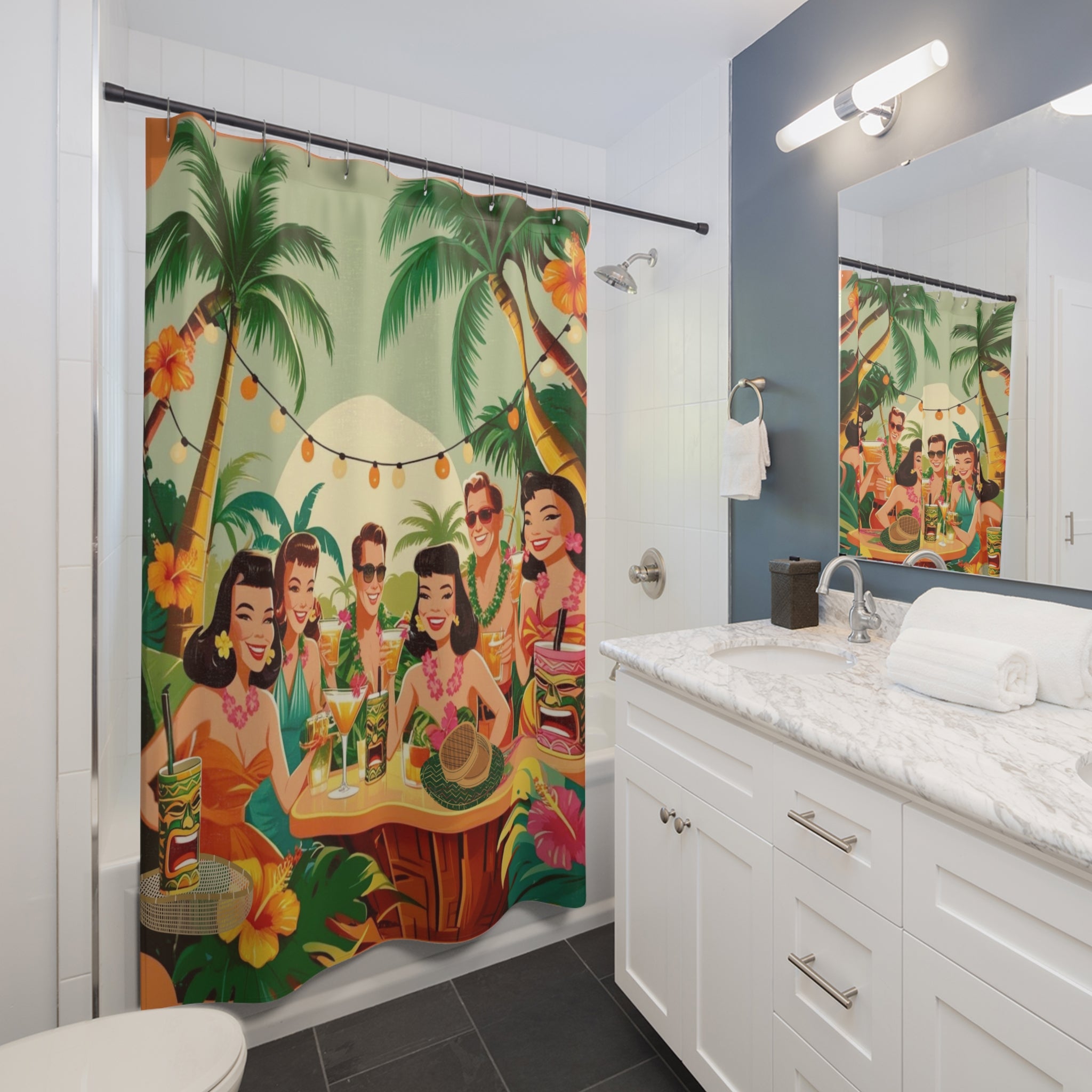 Mid Century Modern Tiki Party, Tropical Retro Shower Curtain - Vintage Beach Party Design - Mid Century Modern Gal