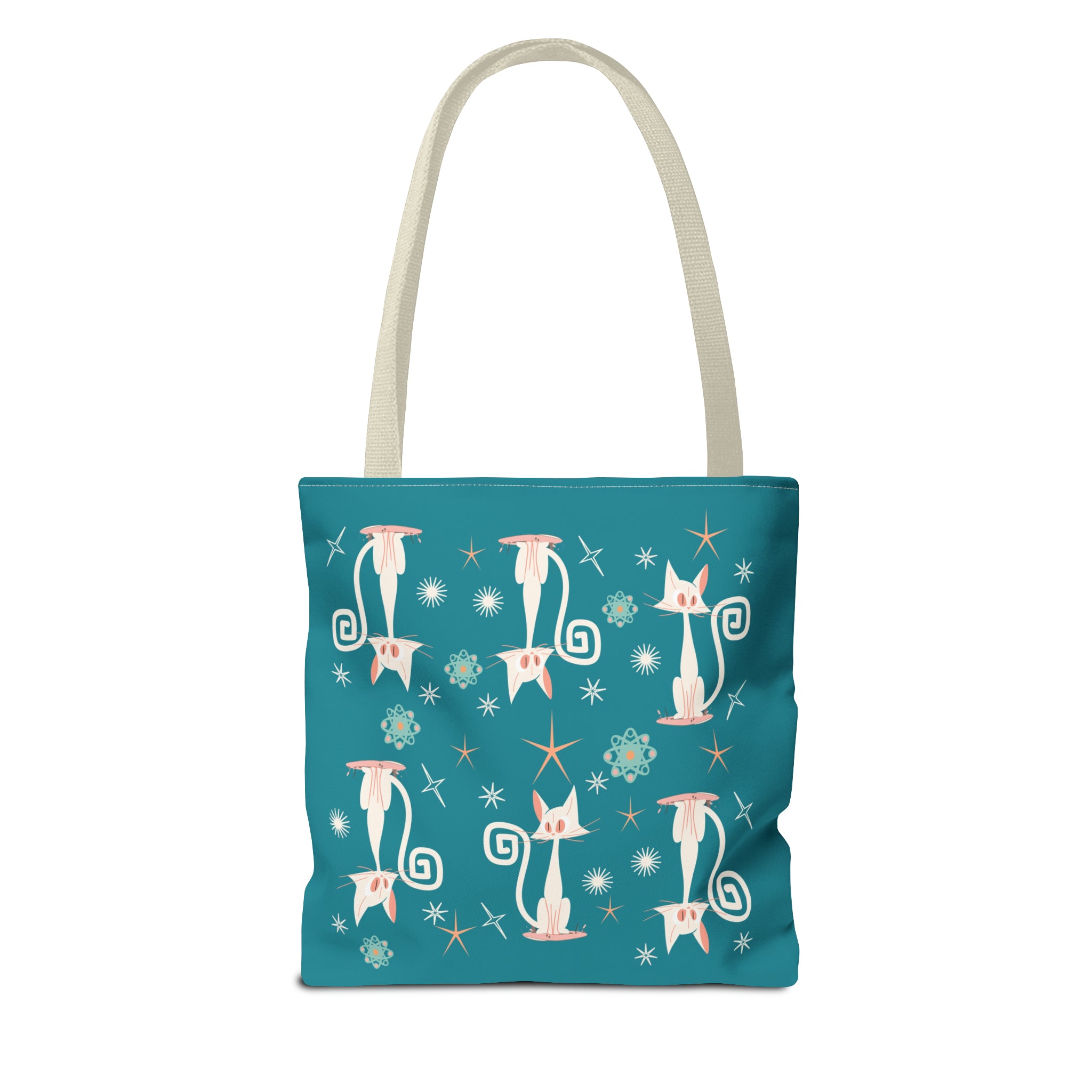 Atomic Kitties, White Kitschy Cats, Coral, Teal, Atomic Age Mid Century Modern Tote Bag