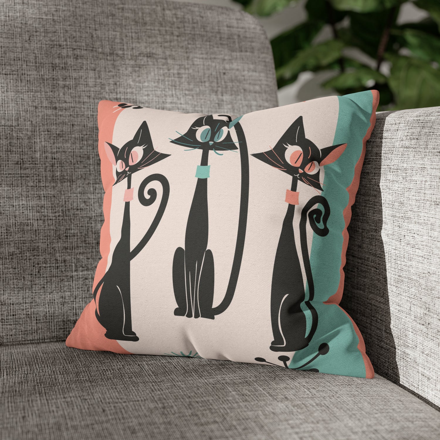 Atomic Cat Pillow, Kitschy 50s Mid Century Modern Style, Coral, Aqua, Creamy Beige, Retro MCM Atomic Home Living Pillow COVER - Mid Century Modern Gal
