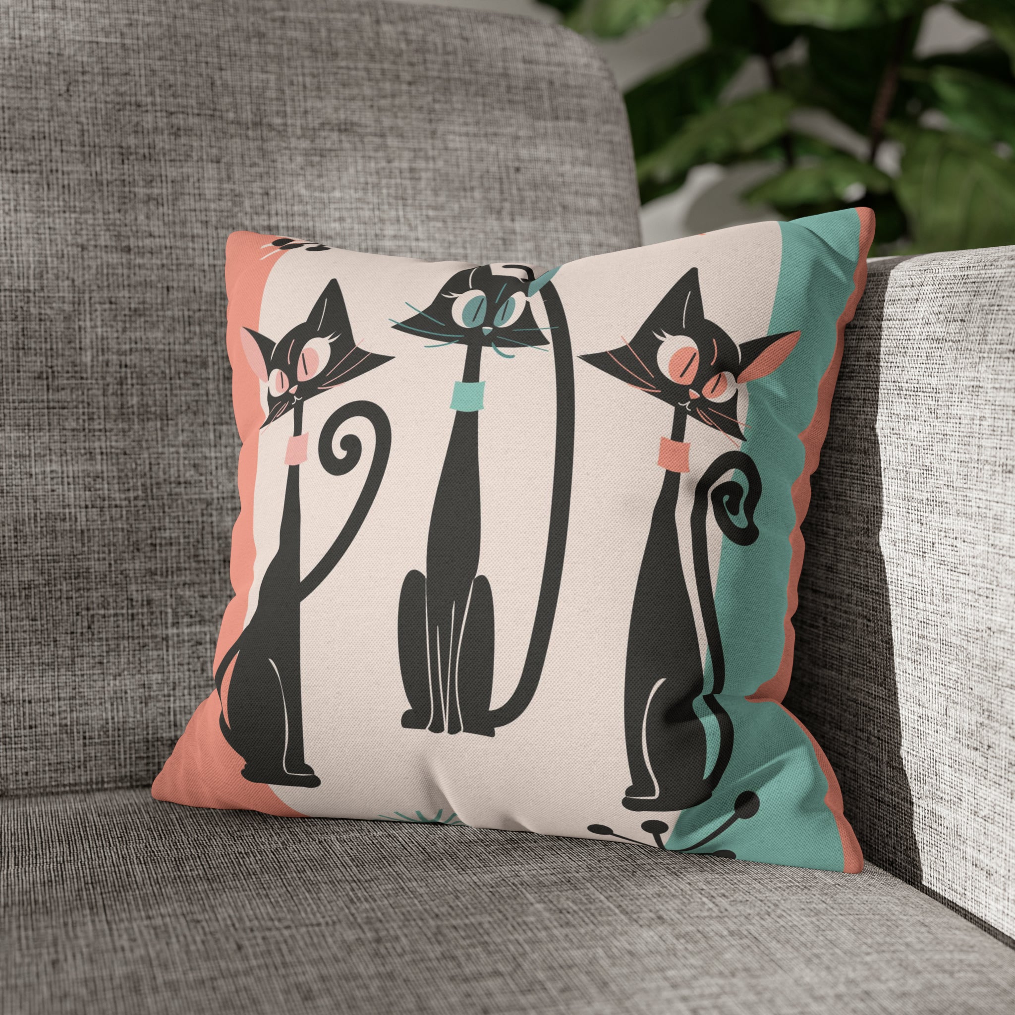Atomic Cat Pillow, Kitschy 50s Mid Century Modern Style, Coral, Aqua, Creamy Beige, Retro MCM Atomic Home Living Pillow COVER - Mid Century Modern Gal