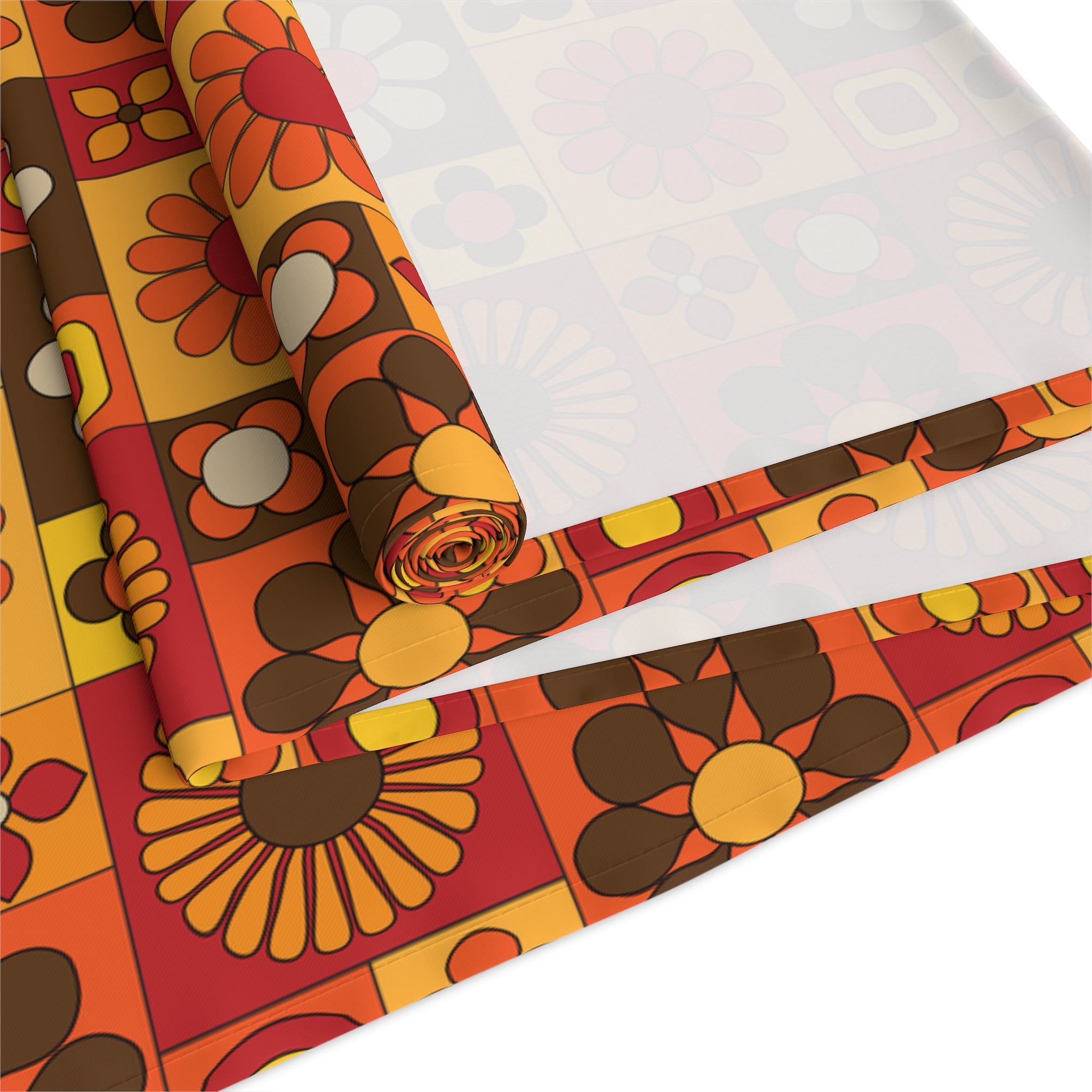 Retro Flower Power Patchwork Groovy Mod Brown Orange Yellow MCM 70s Table Runner - Mid Century Modern Gal
