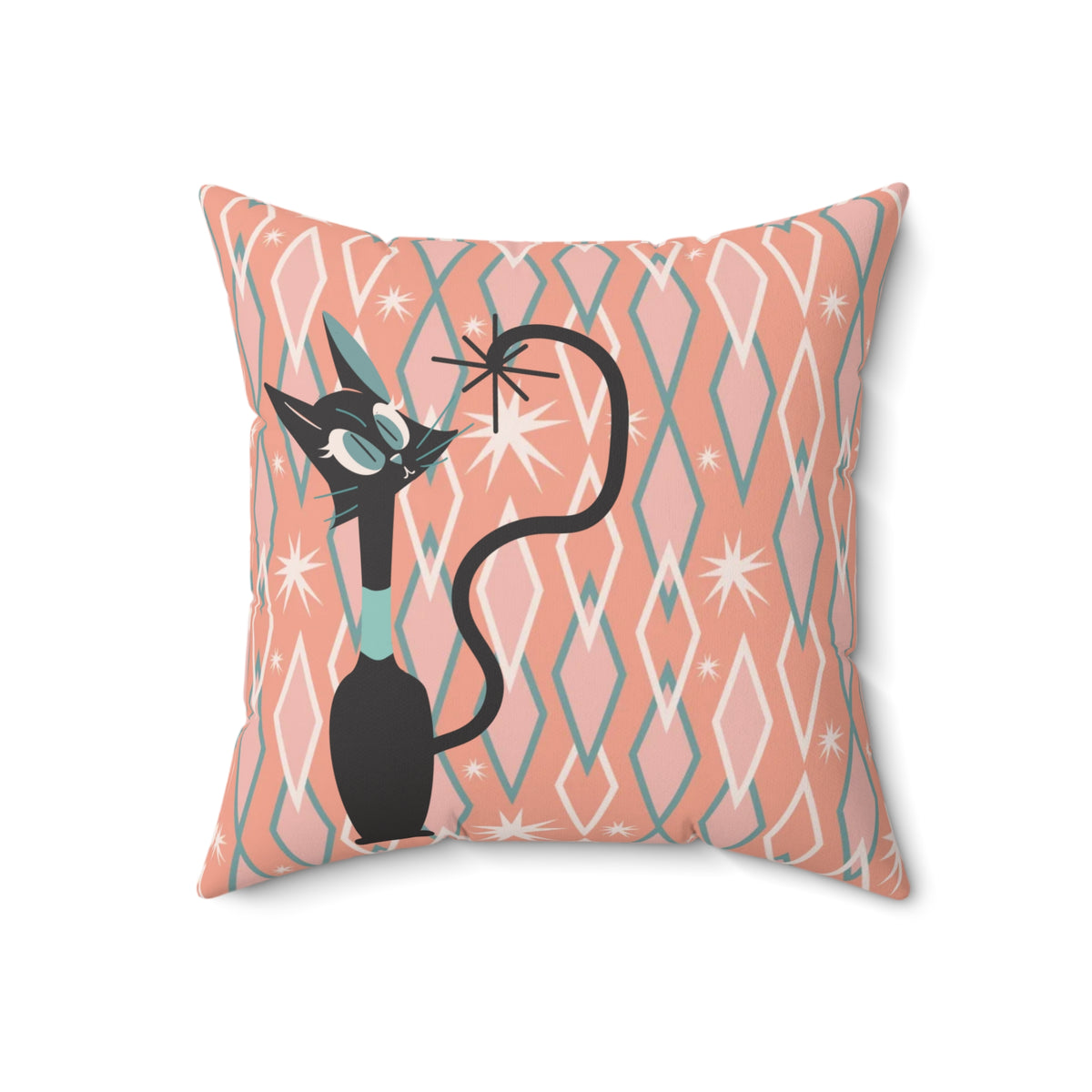 Atomic Cat, Quirky Kitsch Mid Century Modern Diamond Pattern Pillow And Insert - Mid Century Modern Gal