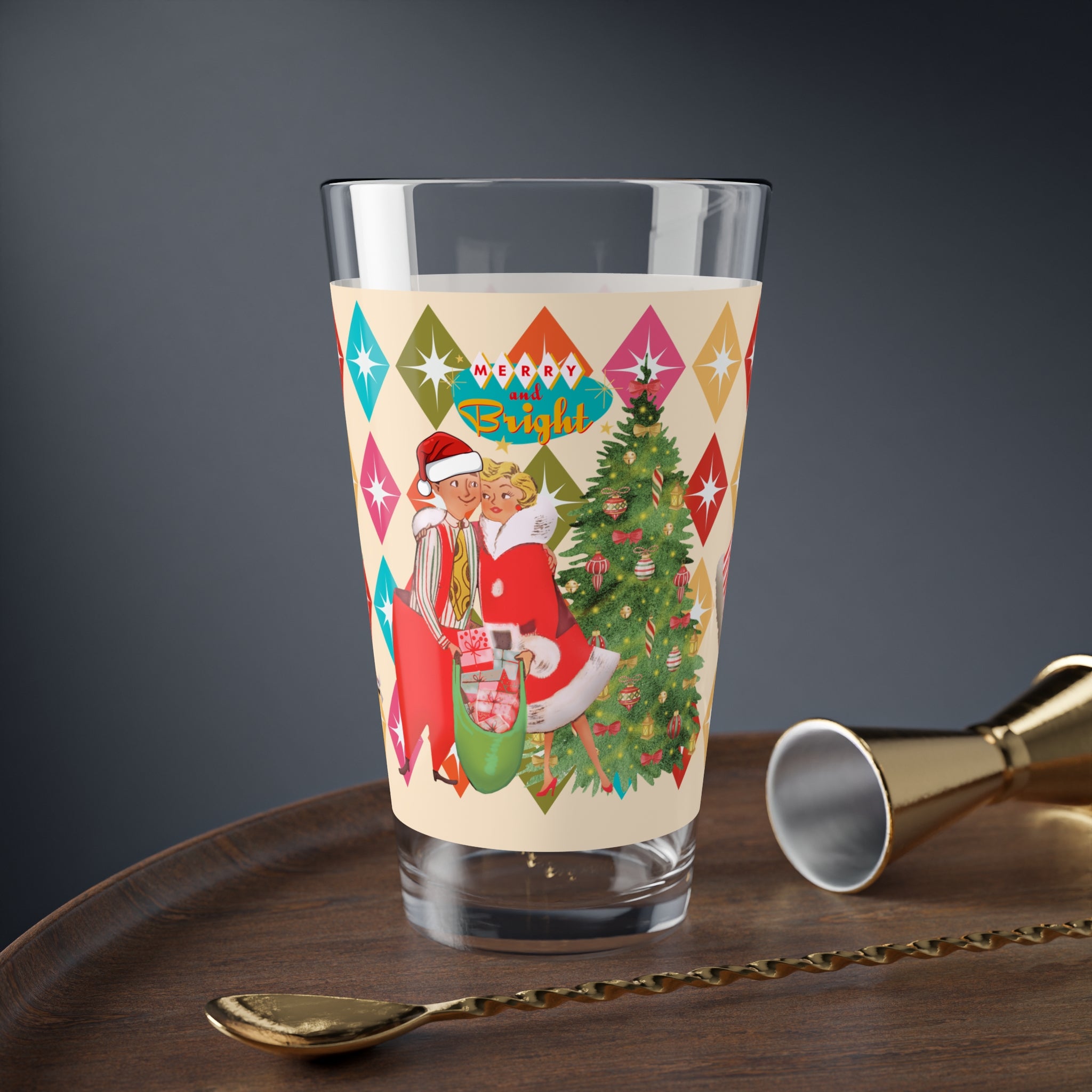 Christmas Mid Century Modern Glass, Holiday Kitsch Drinkware, 50s Atomic Diamond Festive Kitchen Decor, Gift Idea for Holiday Parties - Mid Century Modern Gal
