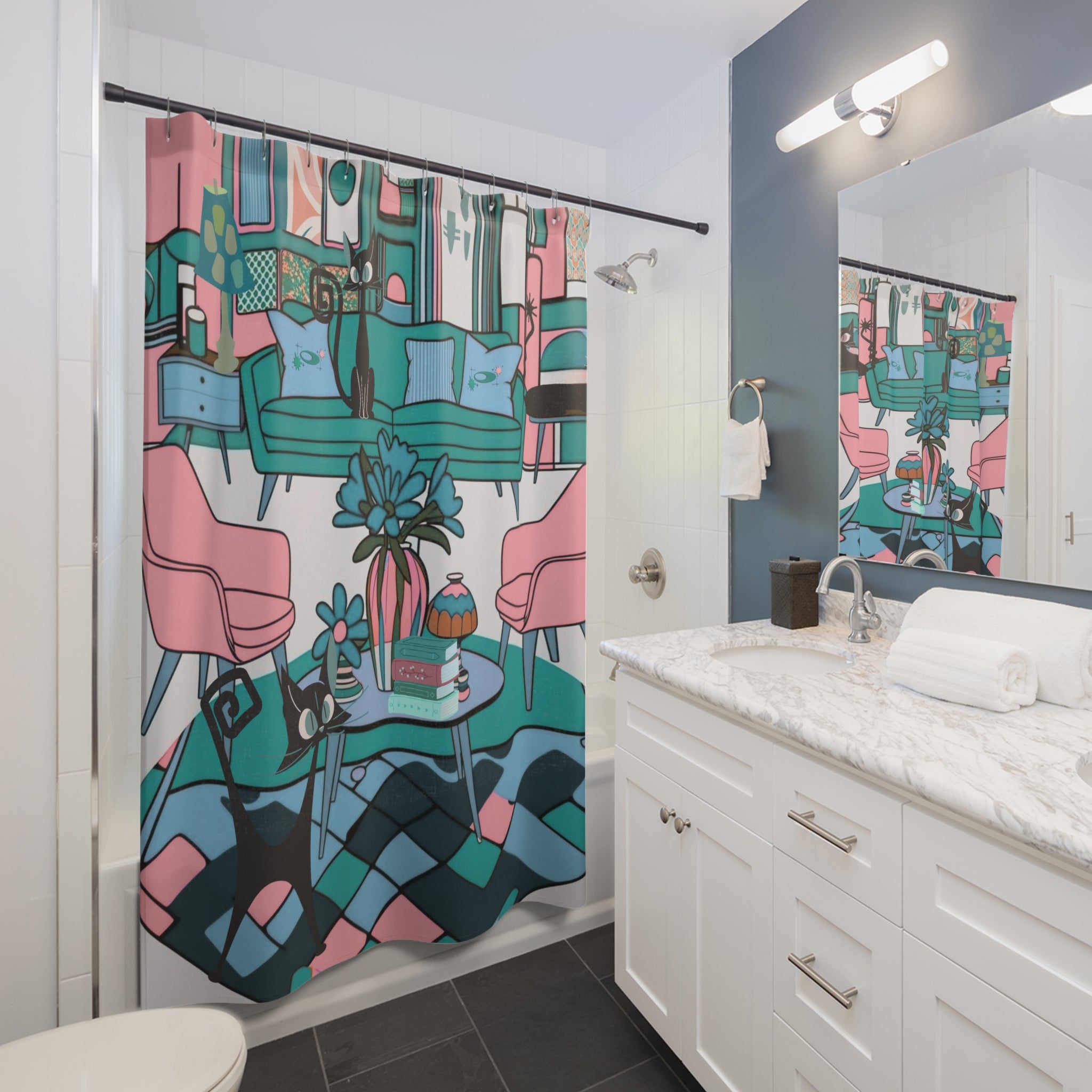 Atomic Cat Mid Century Modern Quirky Whimiscal Cat-Themed Shower Curtain for Trendy Home Décor - Mid Century Modern Gal