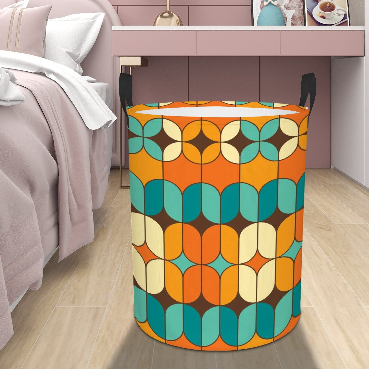 Mid Mod Orange, Teal Geometric Retro MCM Circular Laundry Basket - Mid Century Modern Gal