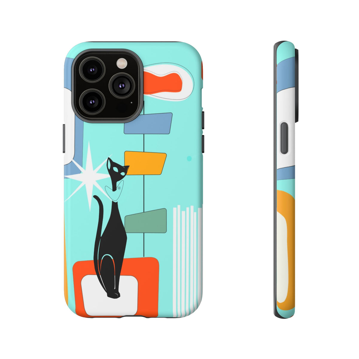 Atomic Cat, Mid Mod Aqua Blue, Geometric, Samsung, Google Pixel, Apple iPhone Tough Cases - Mid Century Modern Gal