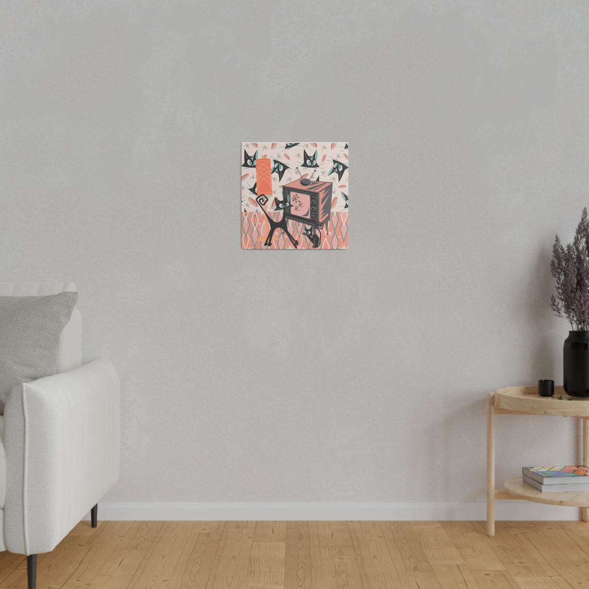 Atomic Cat Art, Quirky, Kitschy Whimsical Kittie Lover, Retro TV, Coral, Peach, Teal Blue, Mid Century Modern Wall Art - Mid Century Modern Gal