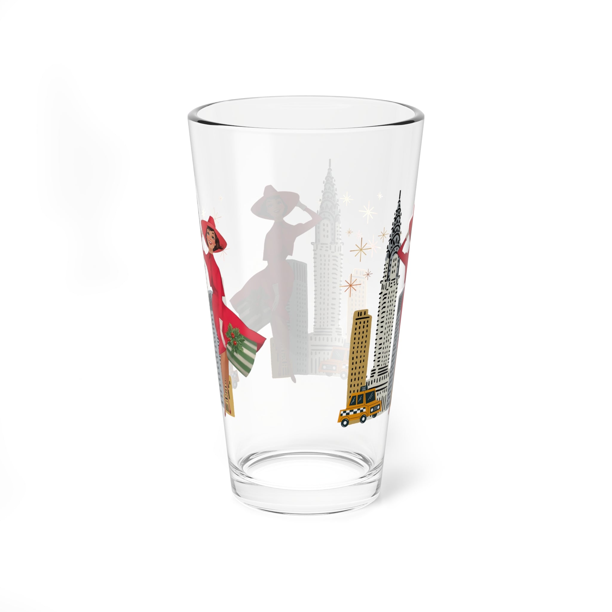 Mid Century Modern Christmas Glam Gal Chic NYC Mixing Glass - 16oz Decorative Drinkware with Iconic Skyline and Holiday Celebration Design - Mid Century Modern Gal