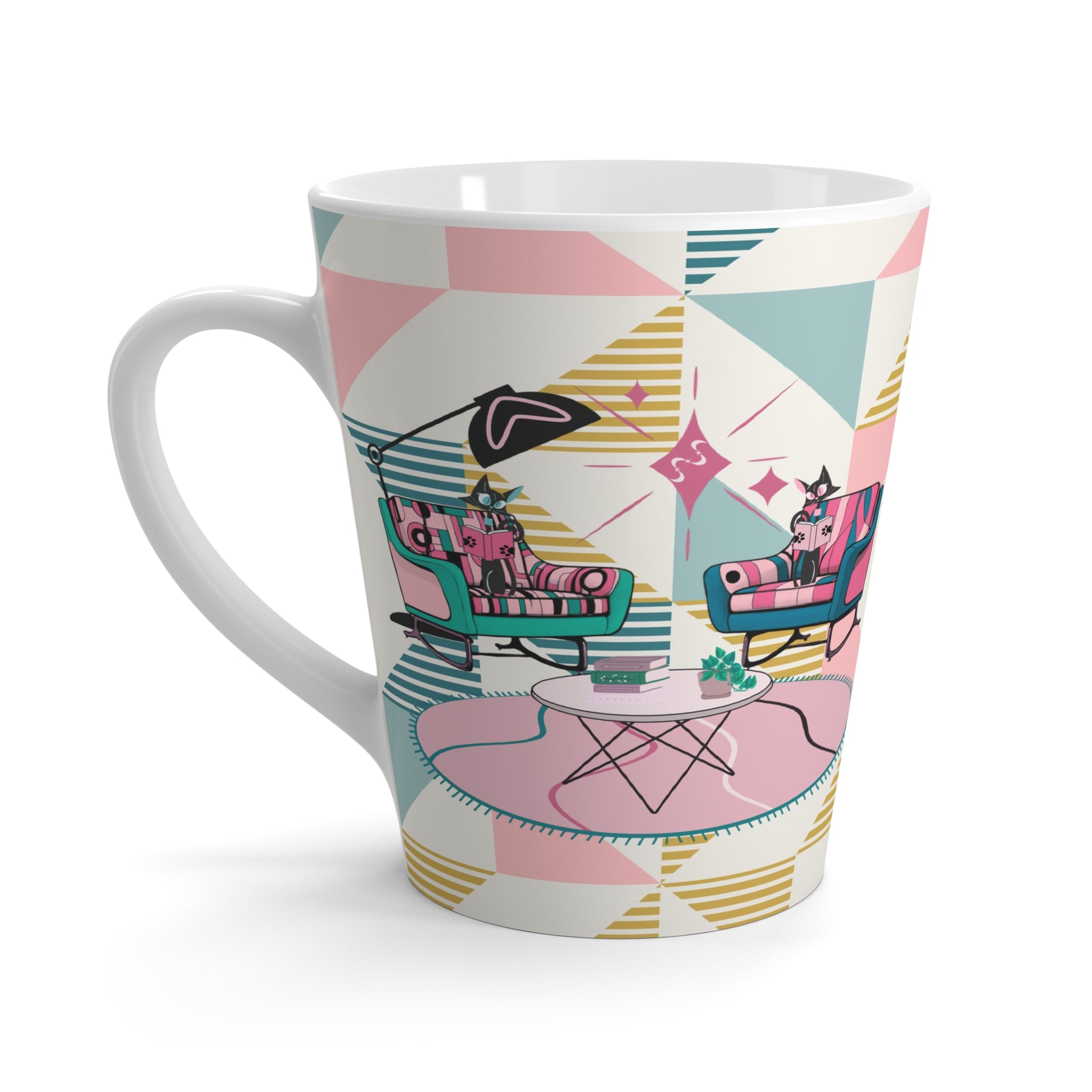 Mid-Century Modern Atomic Cats Reading, Book Club, Book Lover, Retro Latte Mug with Cozy Living Room Design - Mid Century Modern Gal