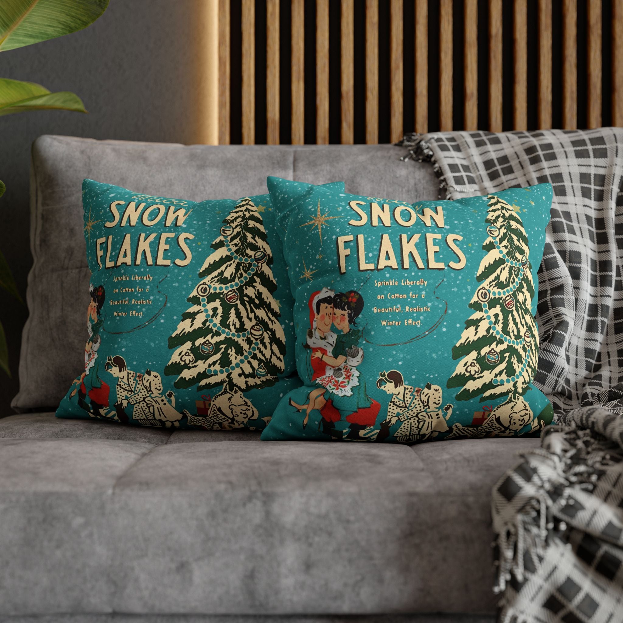 50s Mica Snow Christmas Pillow, Kitschy Mod Couple, Festive Fun Pillow Cover - Mid Century Modern Gal