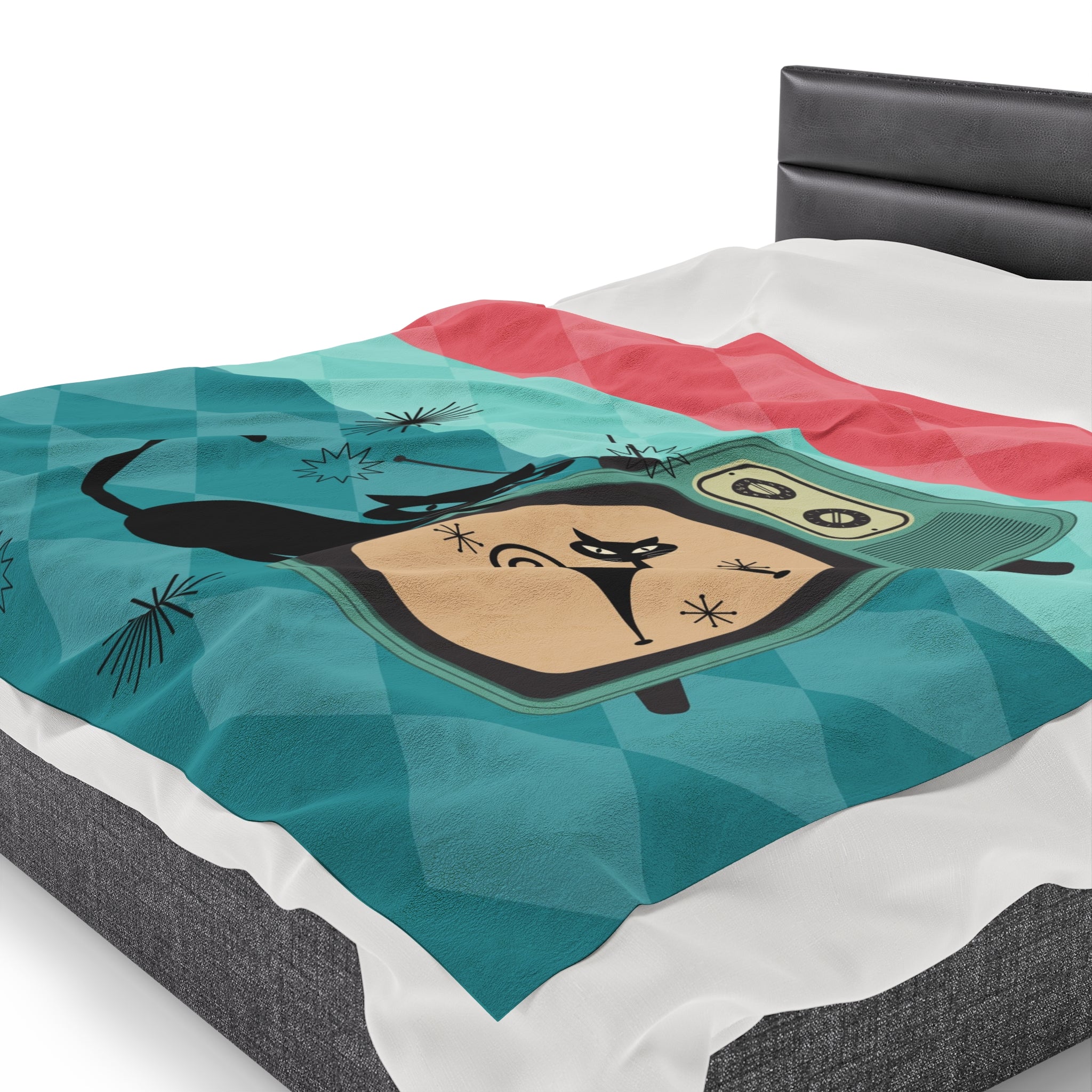 Atomic Cat Kitschy Mod Velveteen Plush Blanket, Pink, Aqua, Harlequin Diamond Pattern - Mid Century Modern Gal