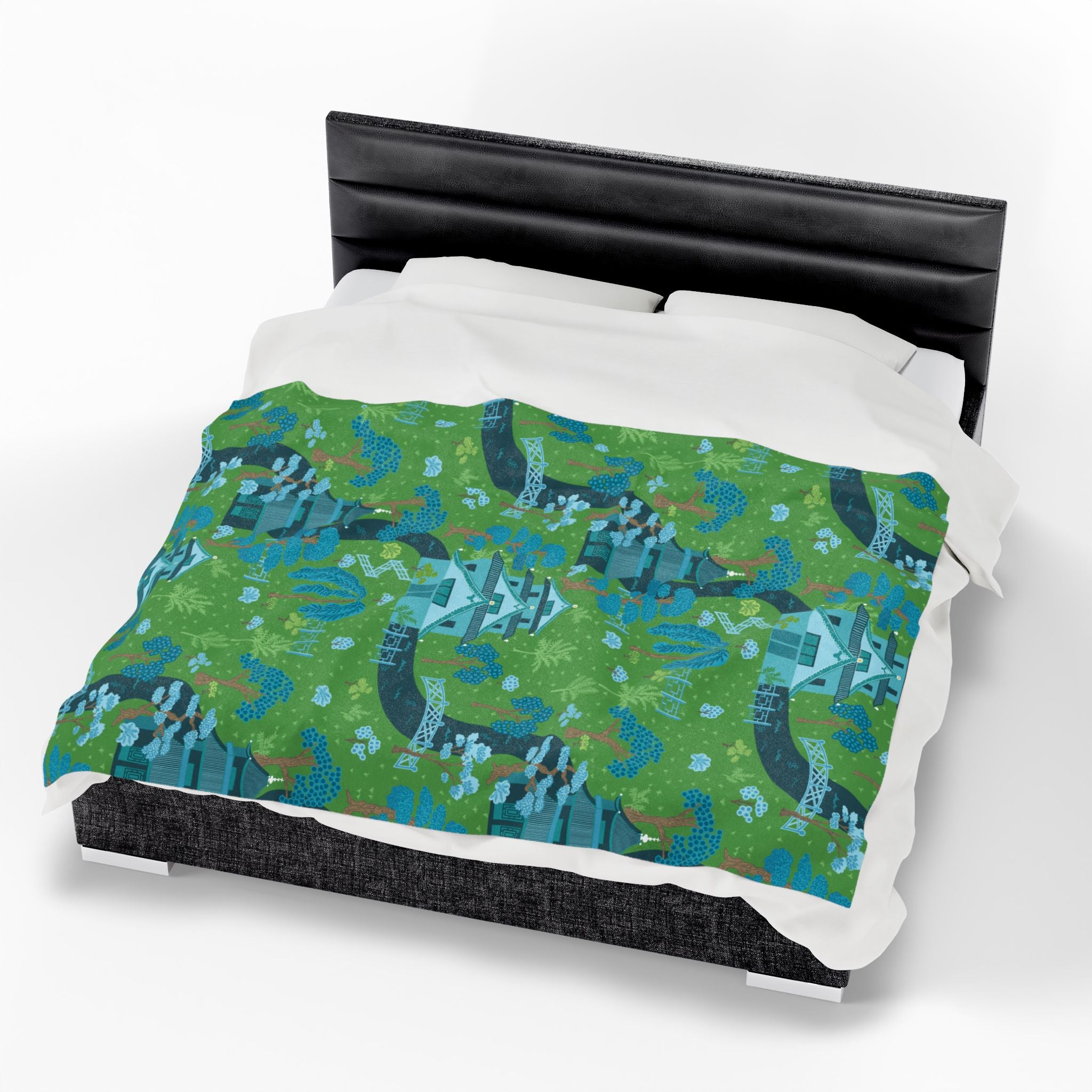 Chinoiserie Throw Blanket, Green, Blue Serene Garden Velveteen Plush Blanket - Cozy Floral Design - Mid Century Modern Gal