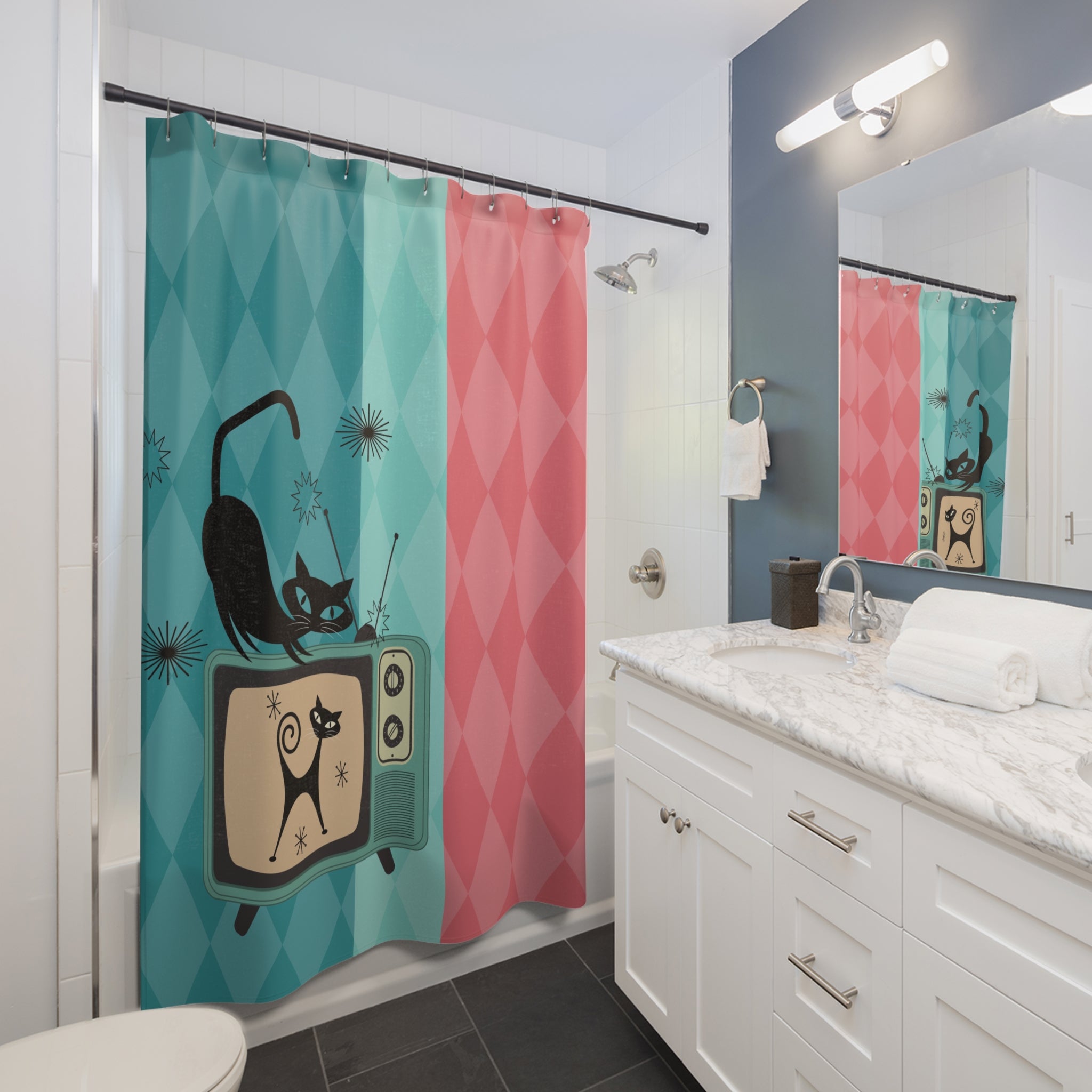 Atomic Kitschy Cat, Mid Mod Pink, Teal, Mint Green, Retro Shower Curtain - Mid Century Modern Gal