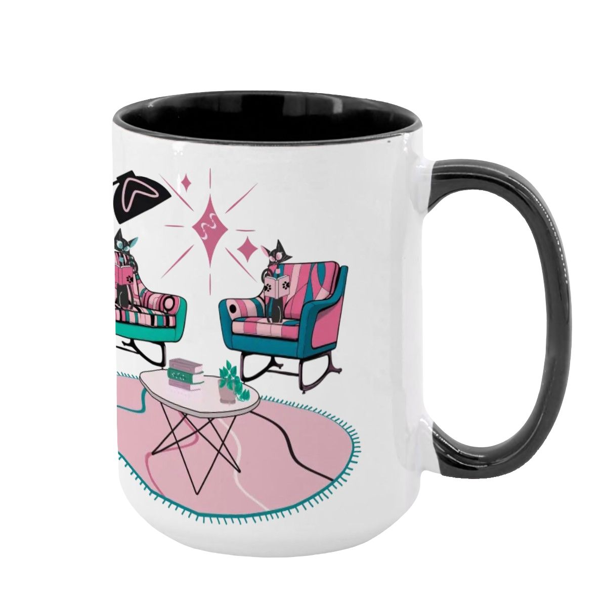 Atomic Reading Cats, Kitschy Mid Century Modern Large Colorful Mug (15oz) - Mid Century Modern Gal