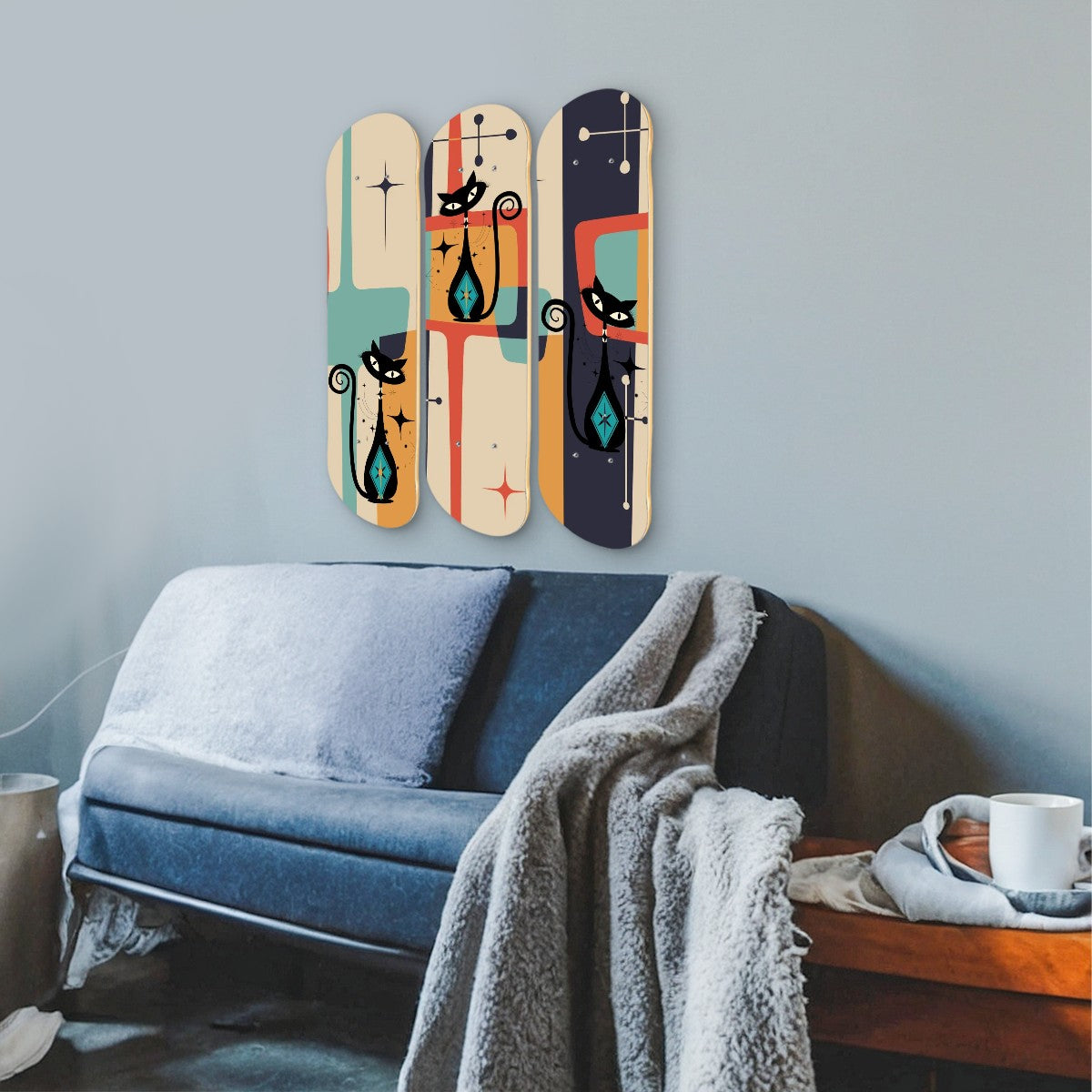 Mid Century Modern Wood Wall Art, Atomic Cat, Kitschy Quirky Oblong Panels - Mid Century Modern Gal