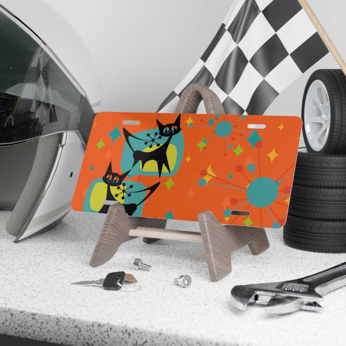 Atomic Kitschy Cat, Orange, Atomic Starburst, Crazy Cats Fun Retro Vanity Plate Accessories 12" × 6"