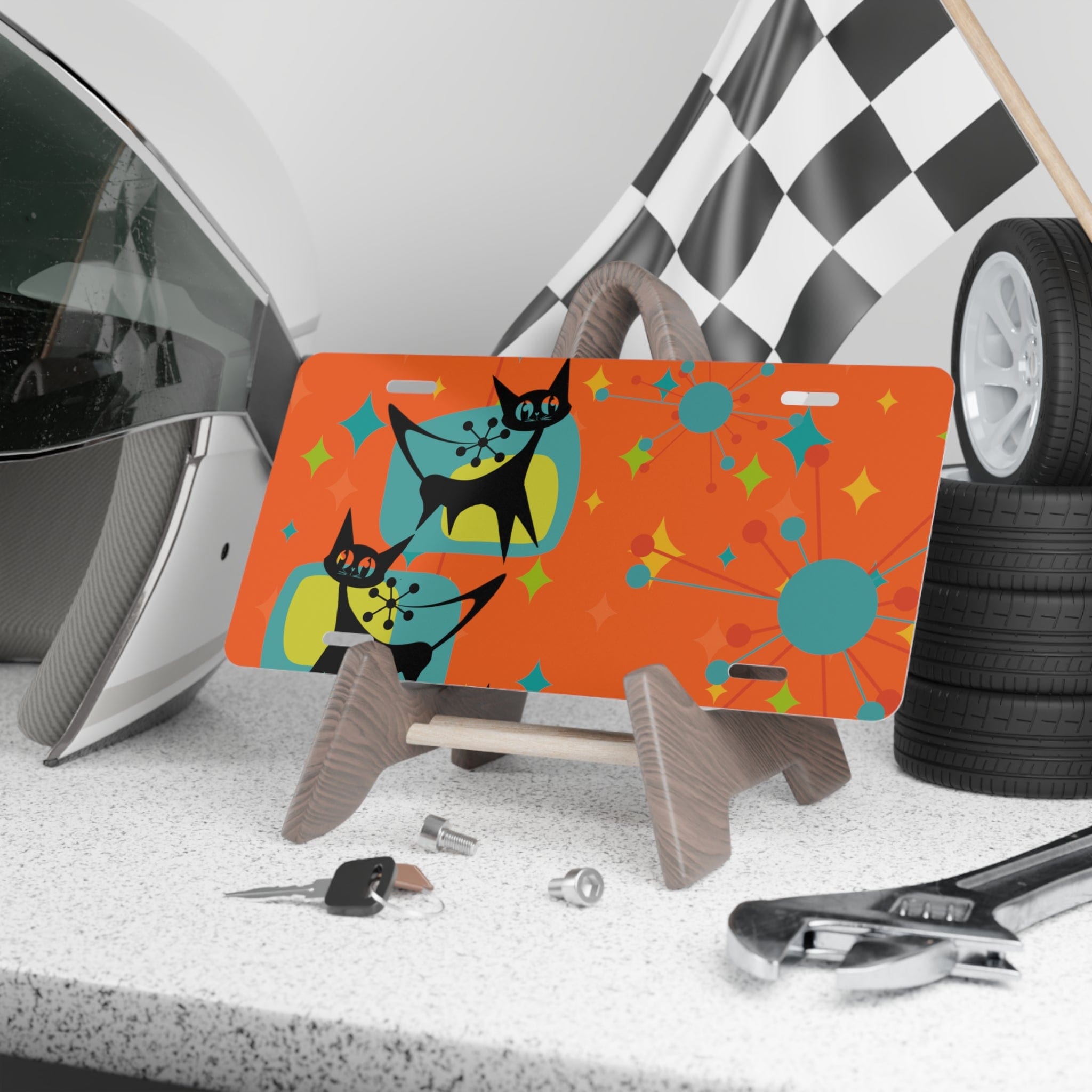 Atomic Kitschy Cat, Orange, Atomic Starburst, Crazy Cats Fun Retro Vanity Plate Accessories 12" × 6"