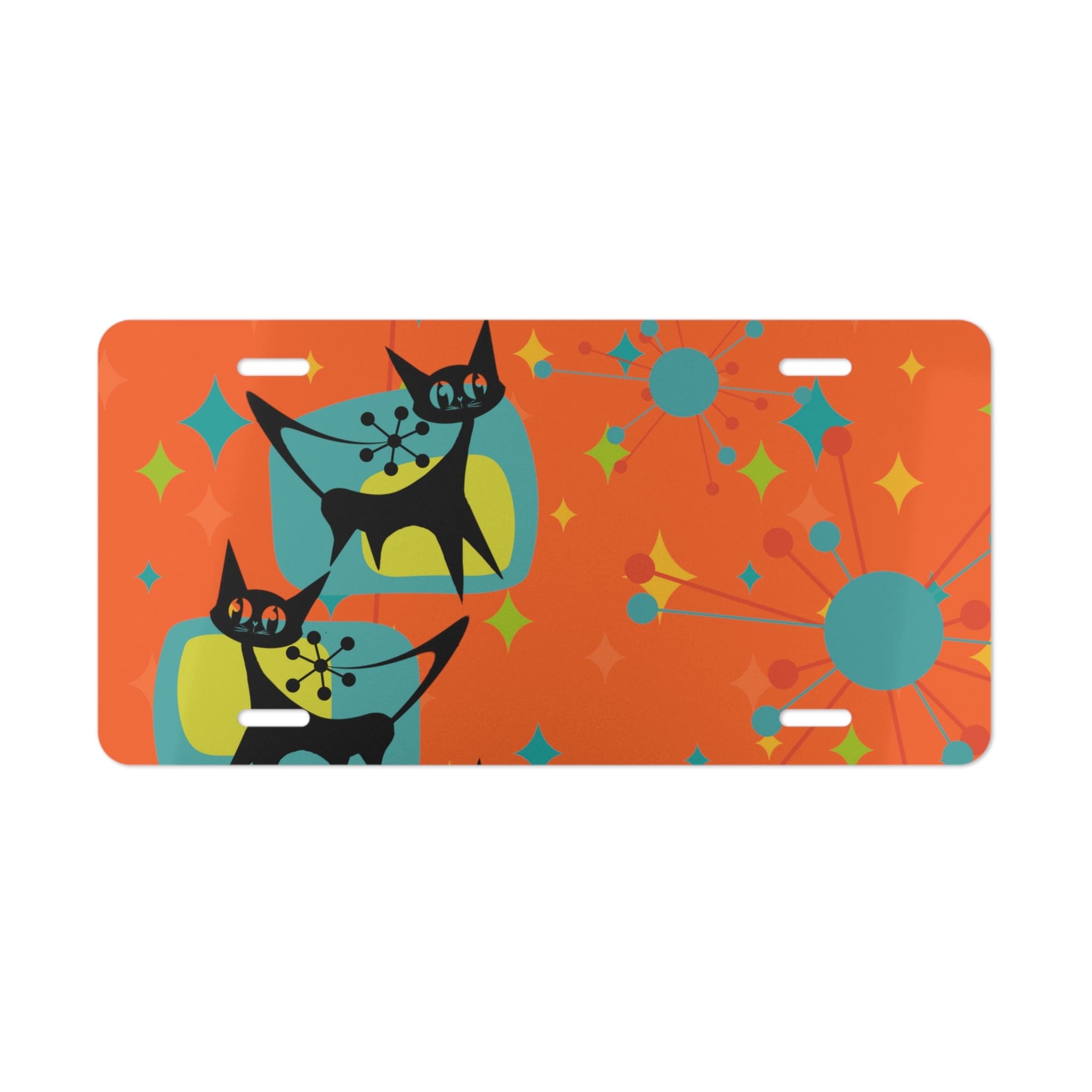 Atomic Kitschy Cat, Orange, Atomic Starburst, Crazy Cats Fun Retro Vanity Plate Accessories 12" × 6"