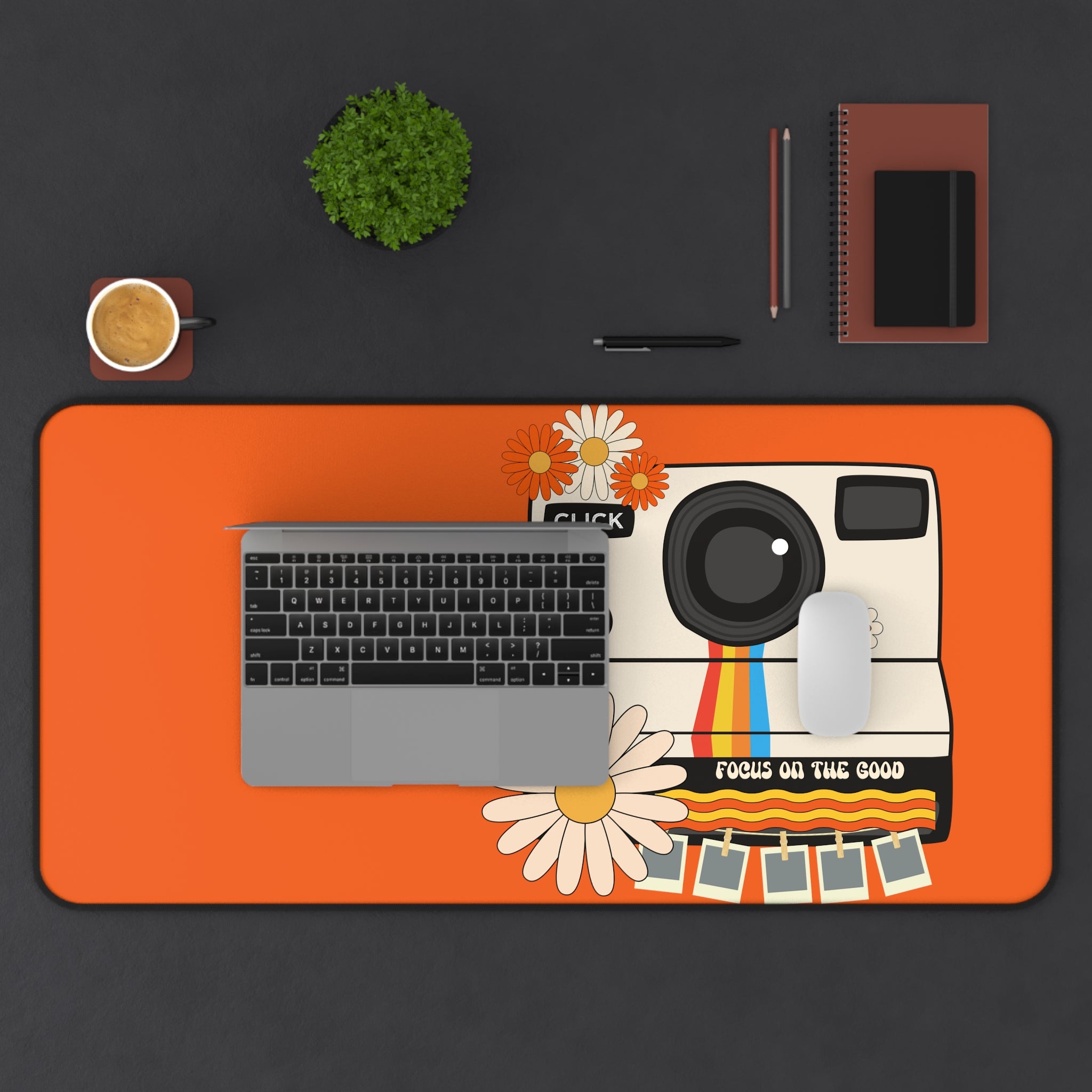 Hip Desk Mat, Focus On The Good, Retro Camera, Flower Power 70&