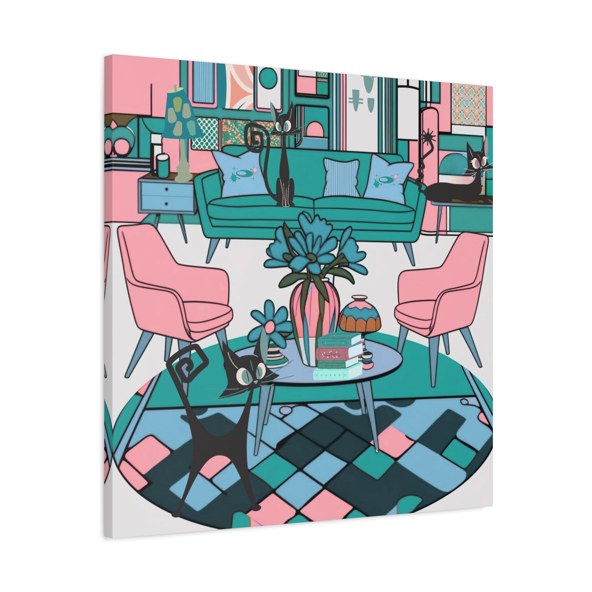 Atomic Cat Mid Century Modern Wall Art Colorful Cat-Themed Canvas Art - Mid Century Modern Gal