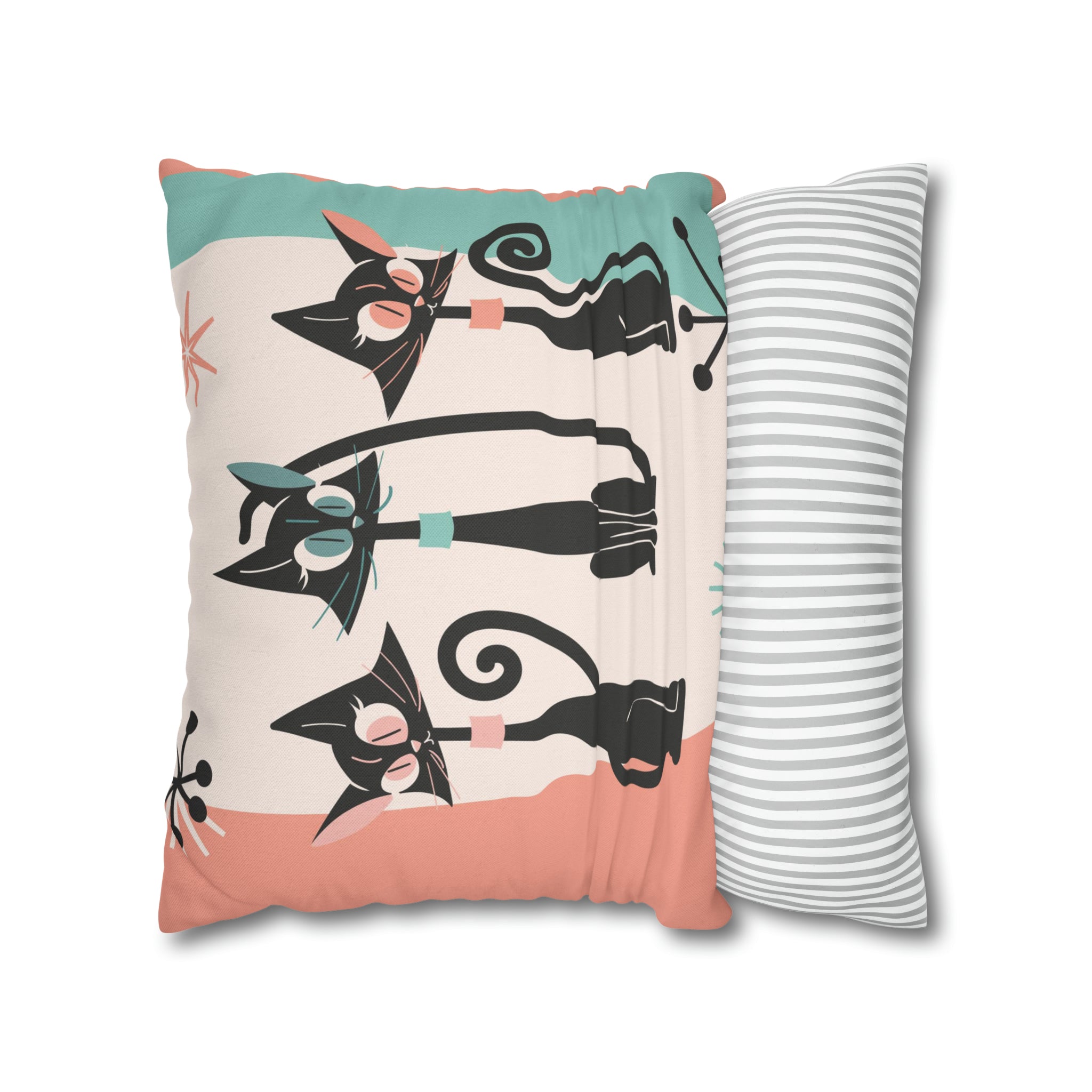 Atomic Cat Pillow, Kitschy 50s Mid Century Modern Style, Coral, Aqua, Creamy Beige, Retro MCM Atomic Home Living Pillow COVER - Mid Century Modern Gal