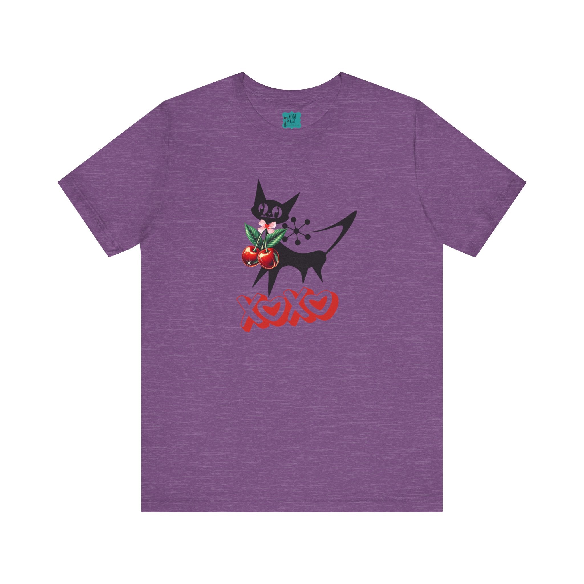 Atomic Cat Valentine Retro Cherries, Playful Cat Graphic Tee, XOXO Love Shirt, Gift for Cat Lovers, Fun Atomic Cherry 50s Fashion - Mid Century Modern Gal