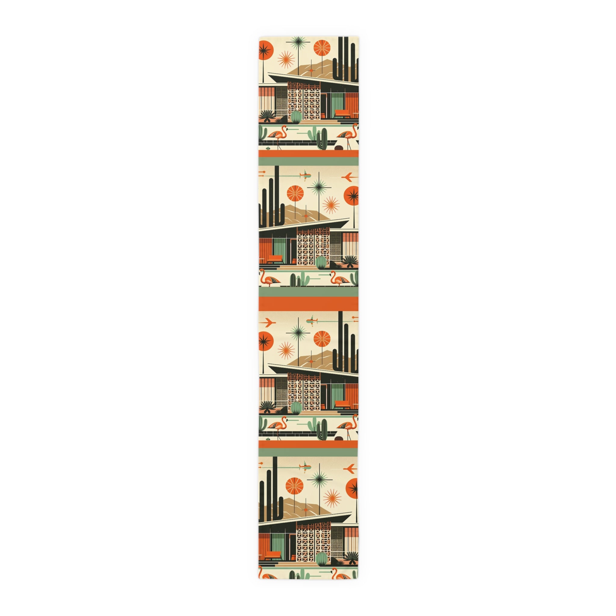 Mid Century Modern Palm Springs Cali, Green, Orange, Breezeblock, Flamingo MCM Home Table Runner - Mid Century Modern Gal