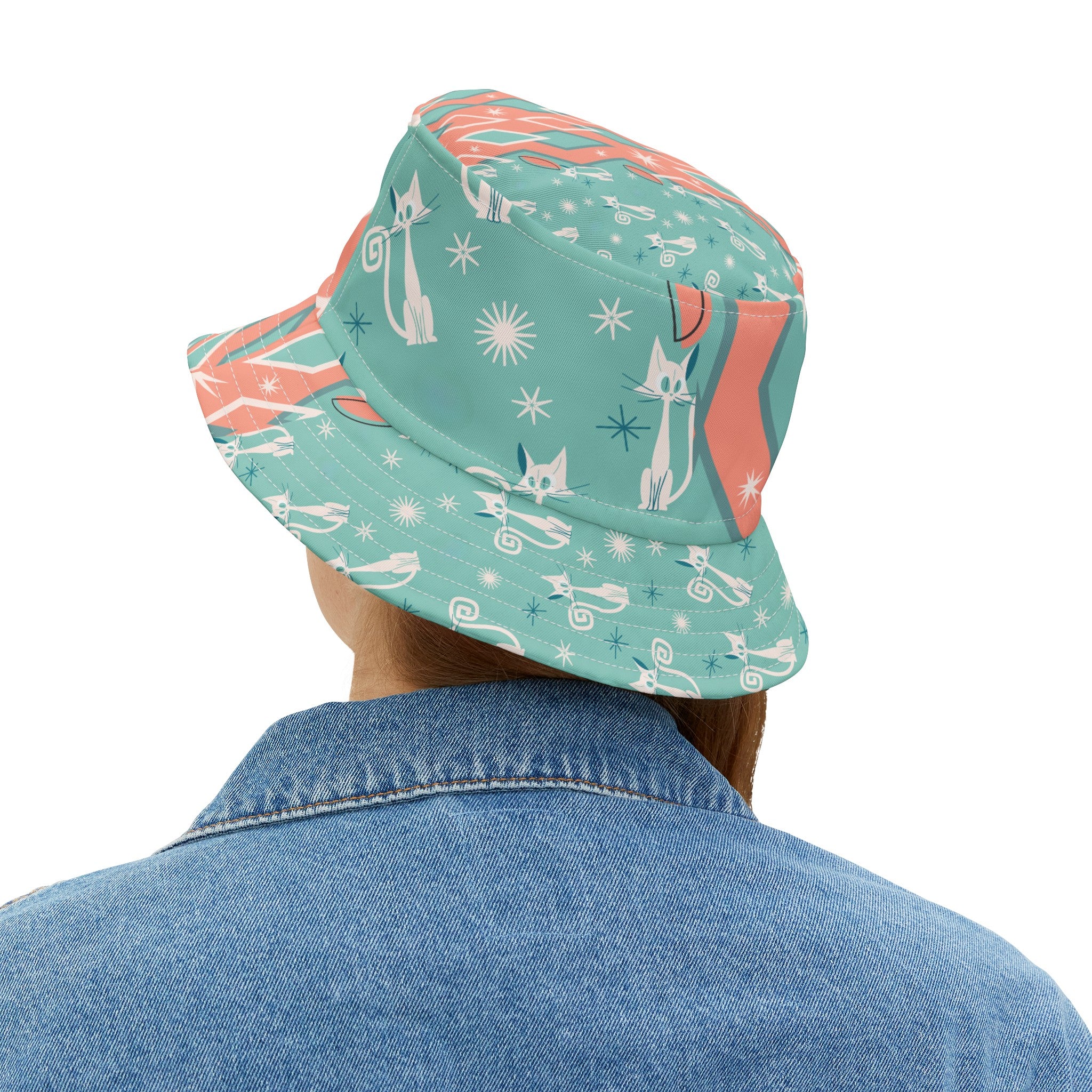 Atomic Kittie Cats, Coral, Aqua, Kitschy Cute Summer Mid Mod Retro Bucket Hat - Mid Century Modern Gal