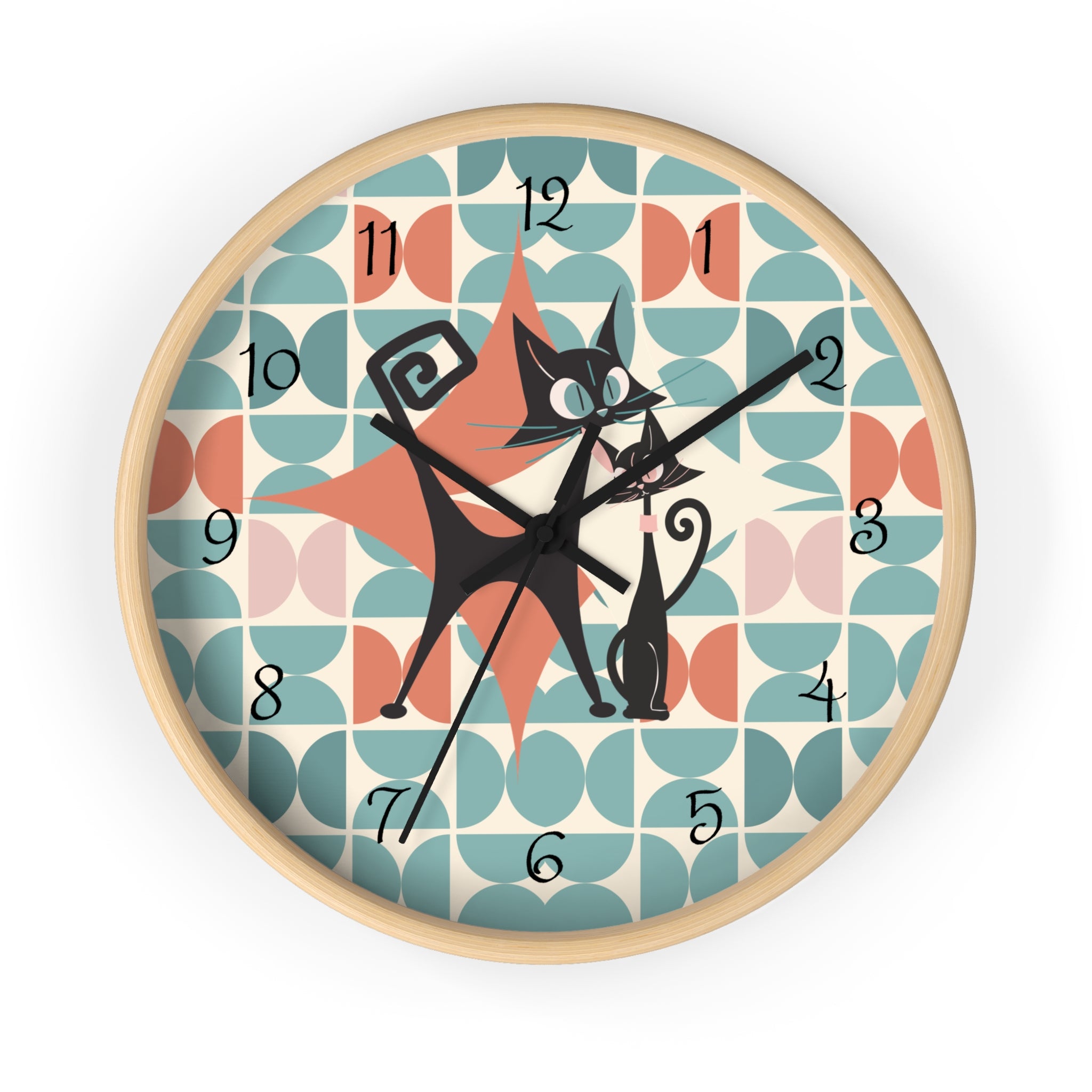 Kitchen Clock, Atomic Cat Retro Mid Century Modern Style With Scandinavian Designed Geometric Shapes, 50s Wall Clock For Cat Lovers - Mid Century Modern Gal