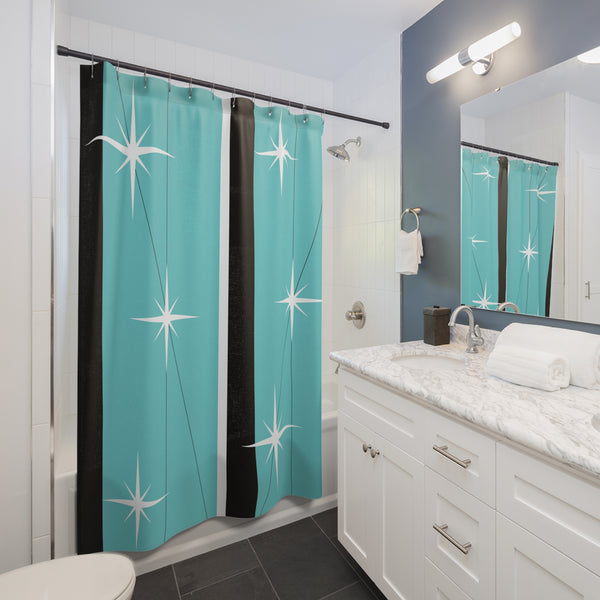 Mid Century Modern Shower Curtain, Black, Aqua, White, Starburst Retro MCM Shower Curtain