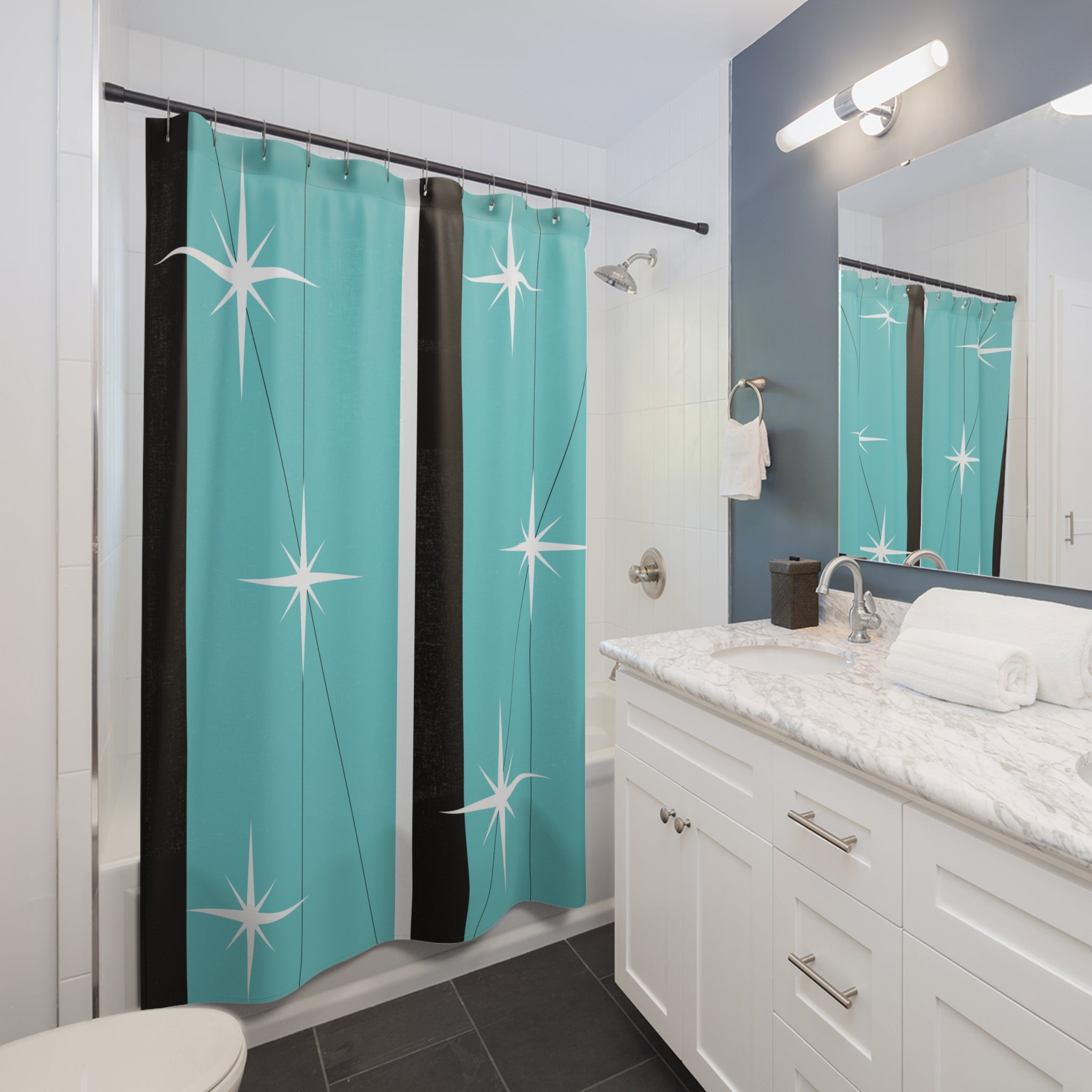 Mid Century Modern Shower Curtain, Black, Aqua, White, Starburst Retro MCM Shower Curtain - Mid Century Modern Gal