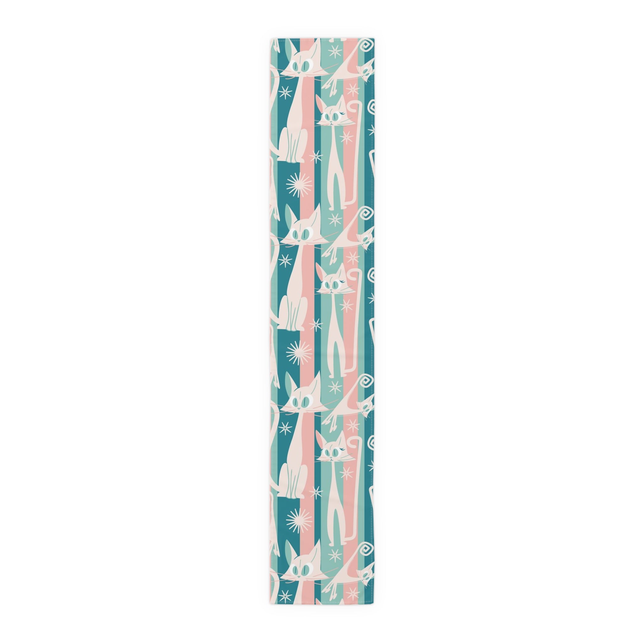 Kitschy Cat Cafe Aqua, Pink Bespoke Home Decor, Mid Century Modern Table Runner - Mid Century Modern Gal