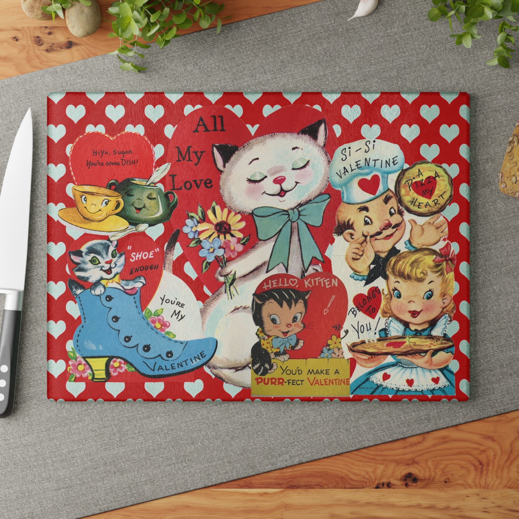 50s Vintage Valentine Cards, Kitschy Love, Red Hearts, Retro Glass Cutting Board - Mid Century Modern Gal