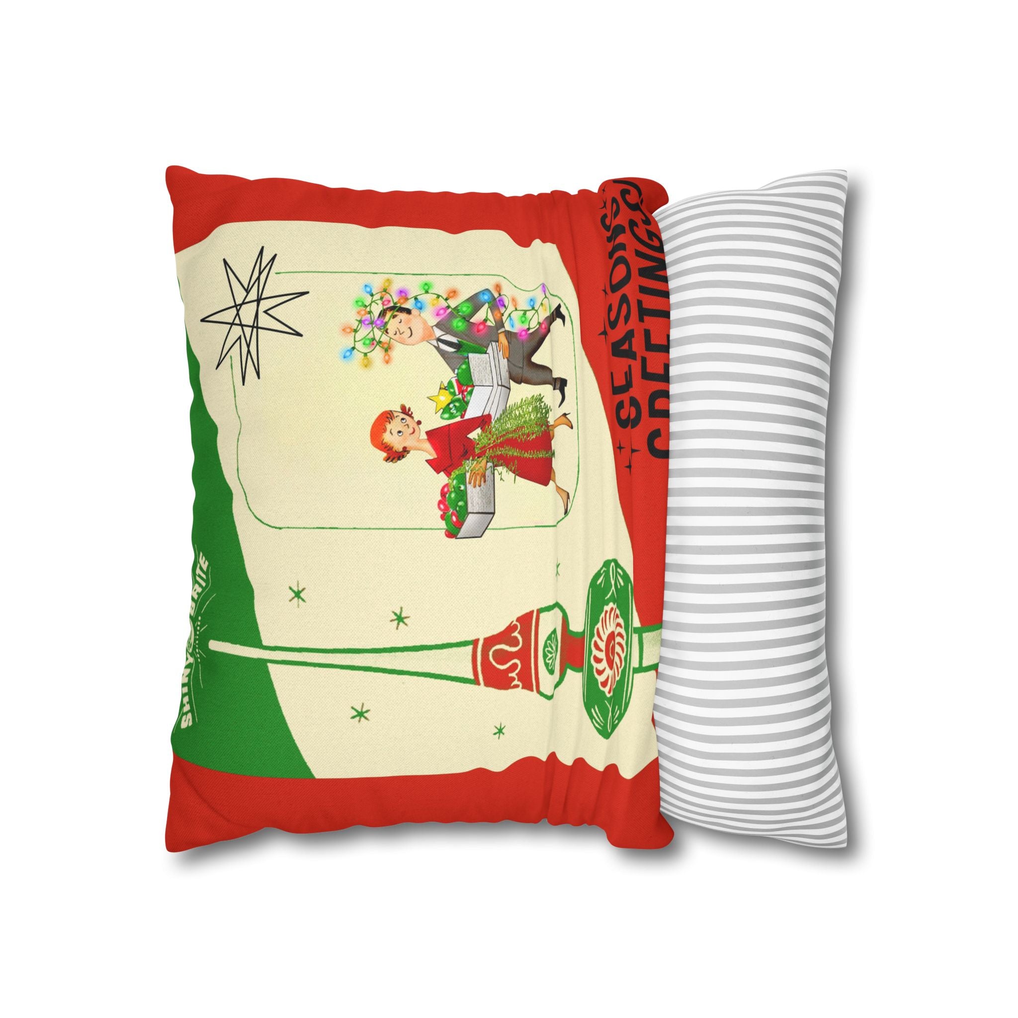 Shiny Brite Holiday Pillow Cover, Mid Century Modern Kitschy Couple Season Greetings - Mid Century Modern Gal