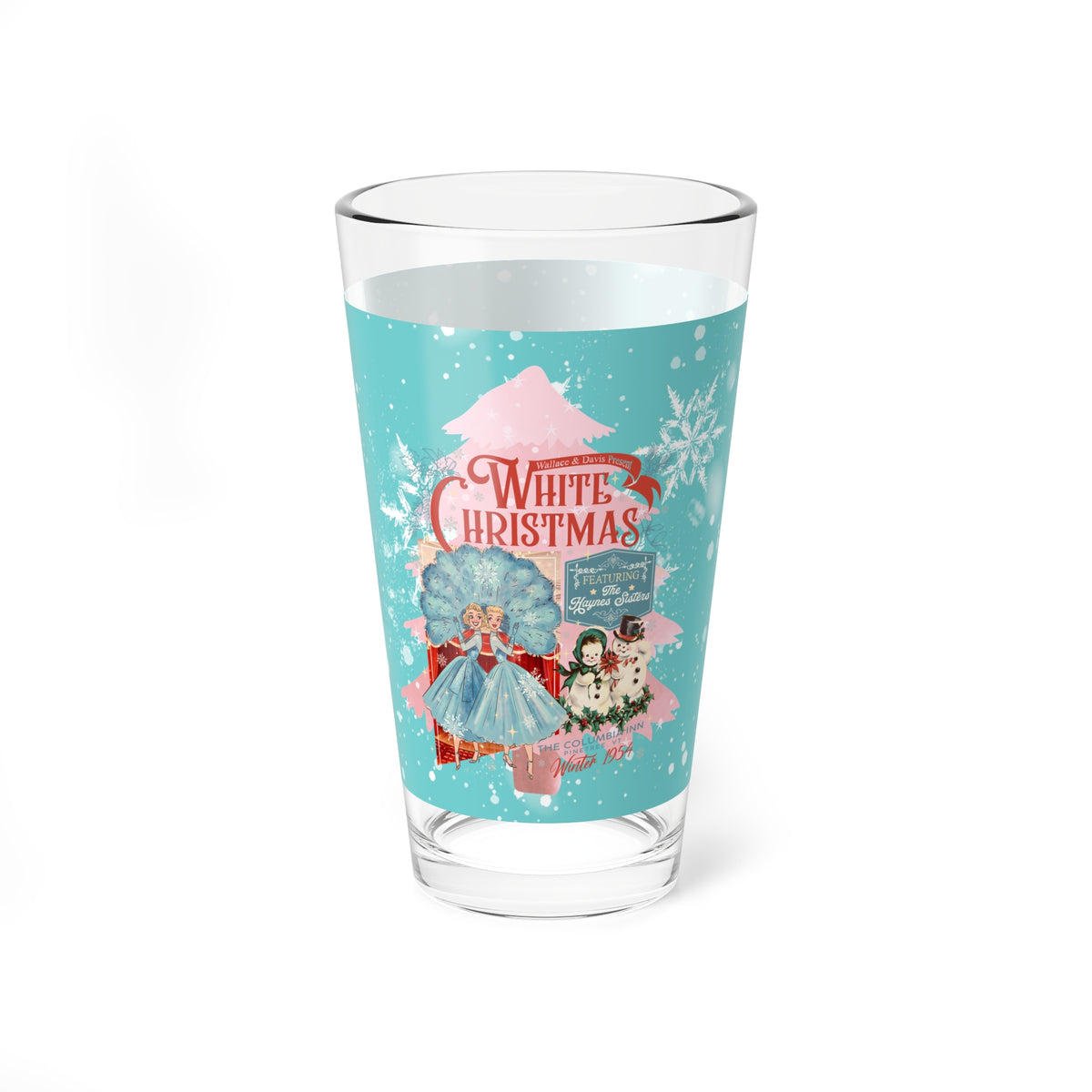 White Christmas Wallace And Davis Festive Mixing, Drinking Glass - 16oz 'White Christmas' Design - Mid Century Modern Gal