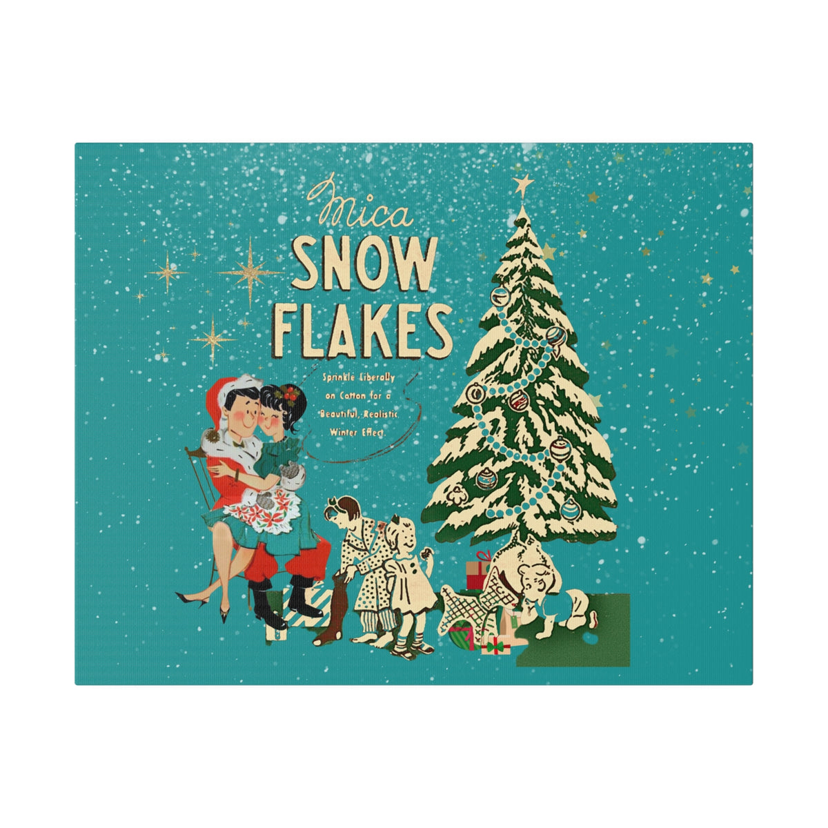Mid Century Modern Kitschy Christmas Mantel Wall Art, Teal Blue, Mica Snow 50s Mod Couple Christmas Scene Canvas Art - Mid Century Modern Gal