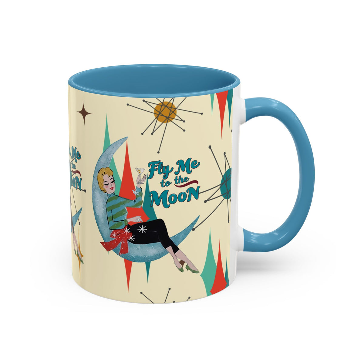 Mid Century Modern Retro Christmas Mug, 'Fly Me to the Moon' Accent Coffee Mug - Vintage Vibe for Coffee Lovers - Mid Century Modern Gal