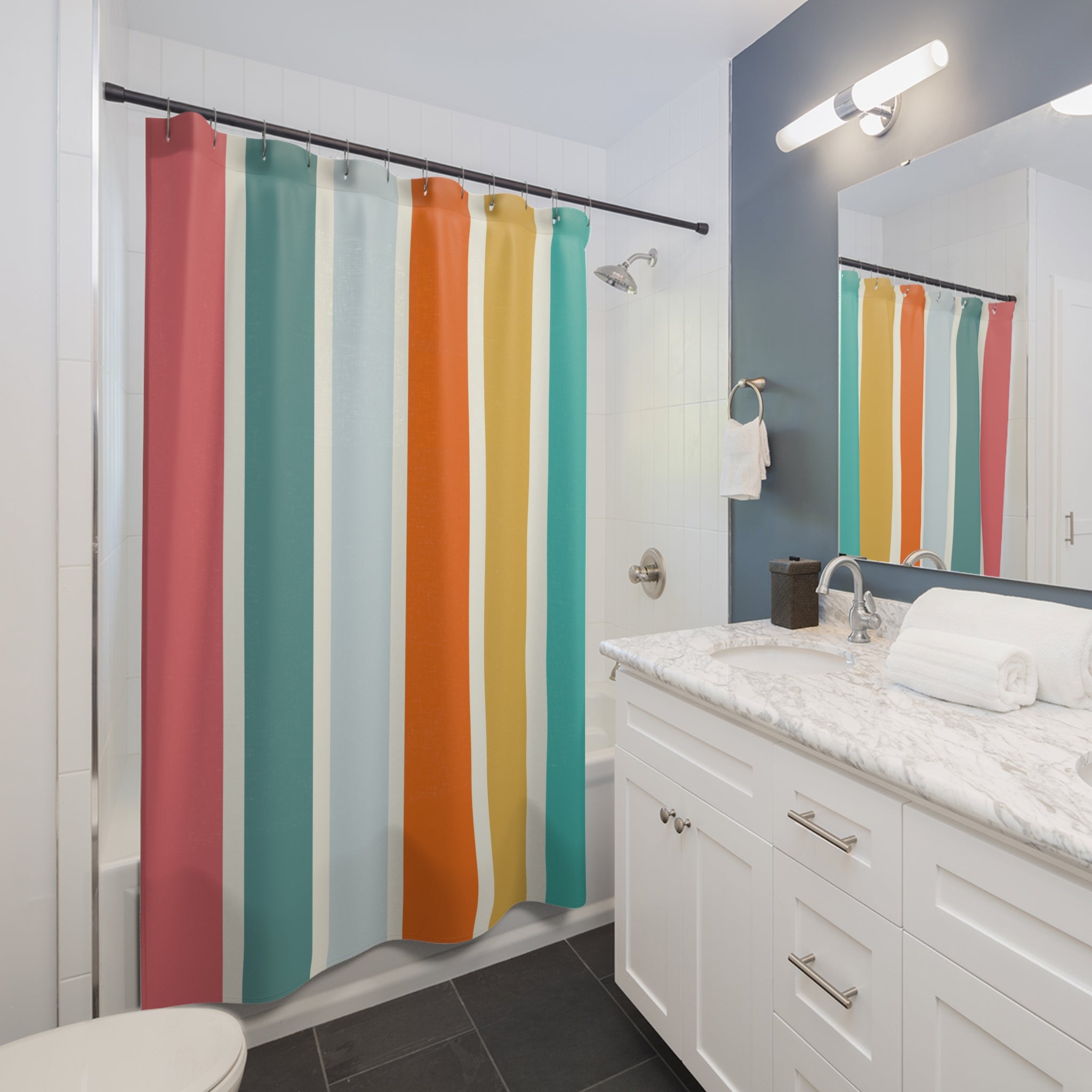 Fruity Stripes Retro Mod Minimalist MCM Colorful Shower Curtain - Mid Century Modern Gal