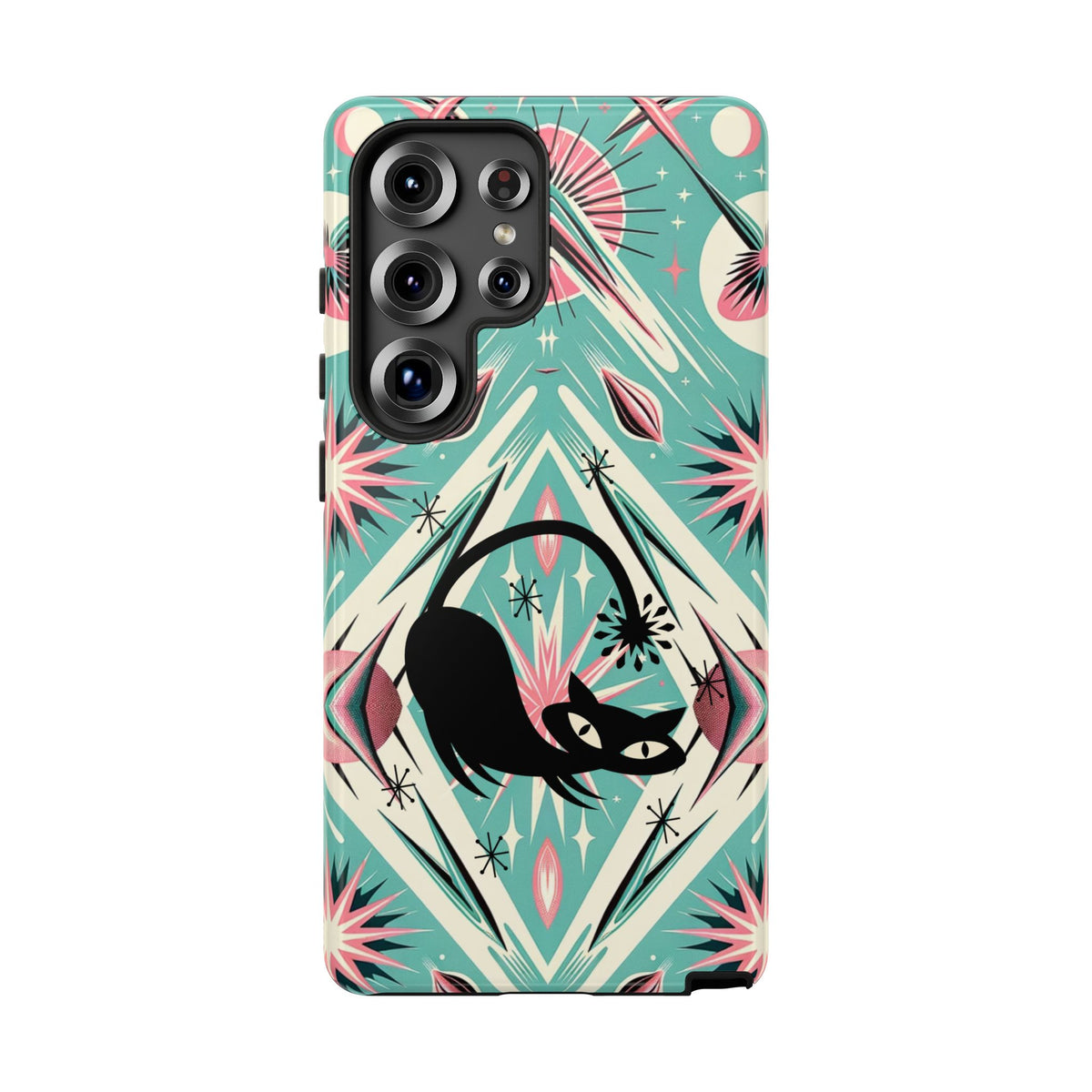 Atomic Cat, Mid Century Modern Aqua Blue, Pink, Starbursts Tough Phone Case