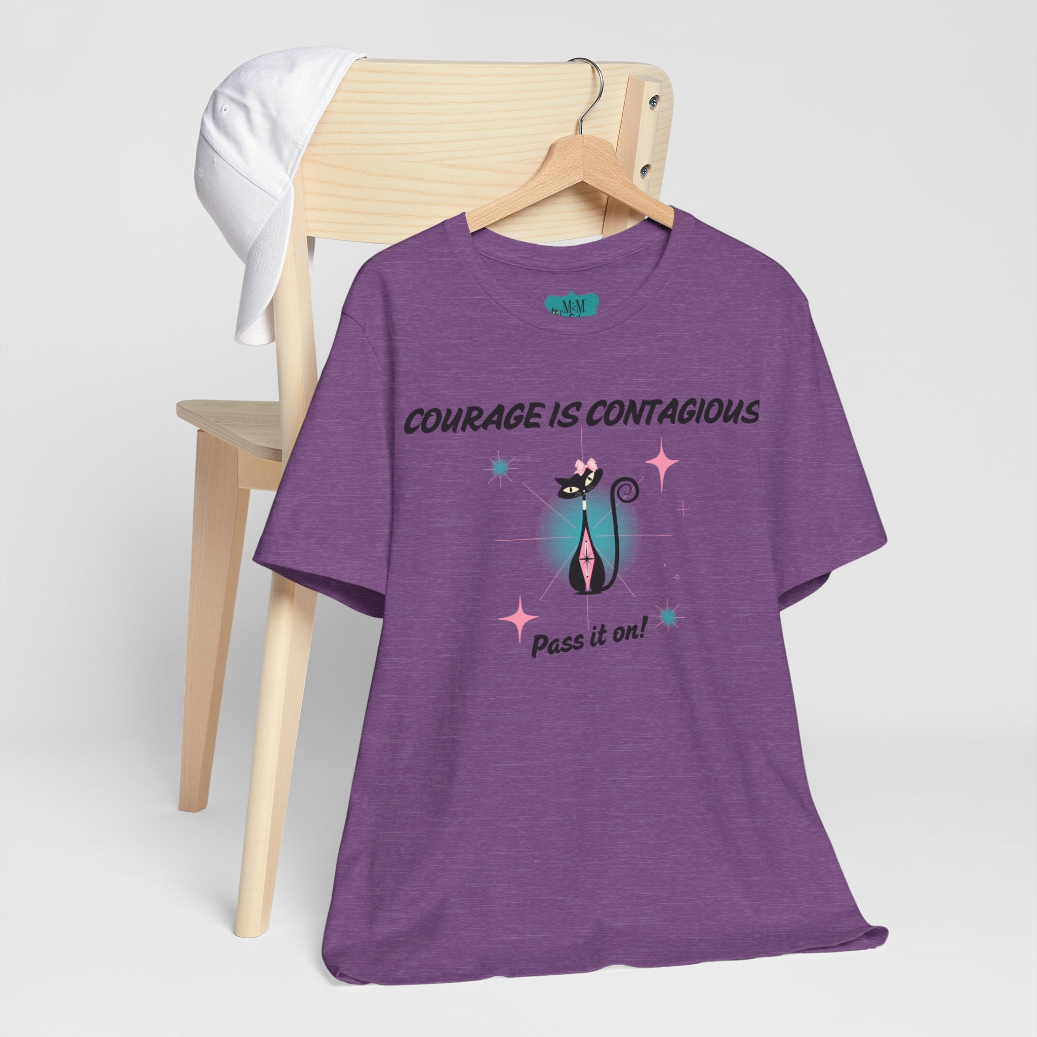 Breast Cancer Shirt, Courage Is Contagious Breast Cancer Support, Warrior, Survivor, Chemo Day Atomic Cat Pretty Short Sleeve Tee - Mid Century Modern Gal