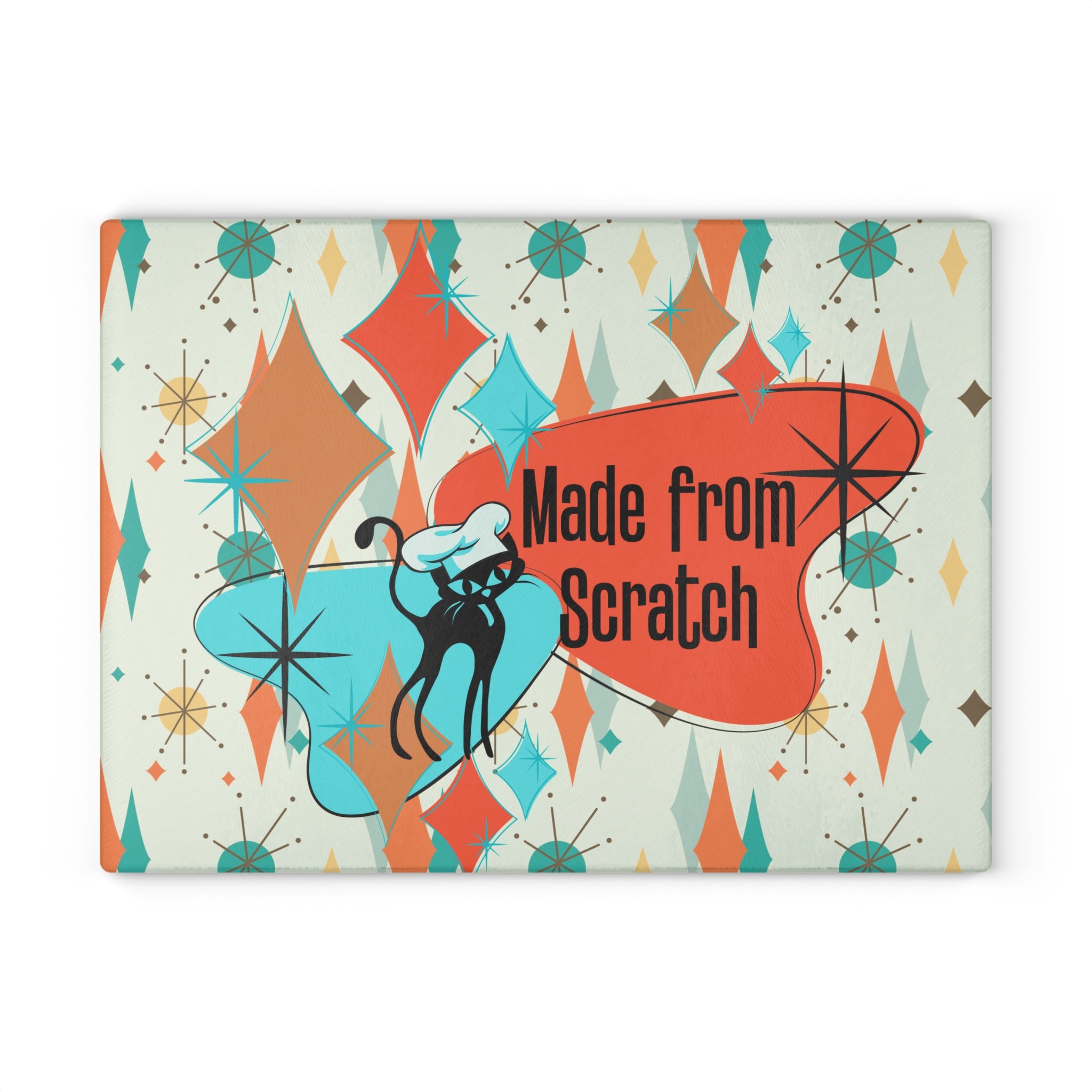 Mid Century Modern Glass Cutting Board, Atomic Cat, Made From Scratch Housewarming Gift, In Francisan Starburst Pattern - Mid Century Modern Gal