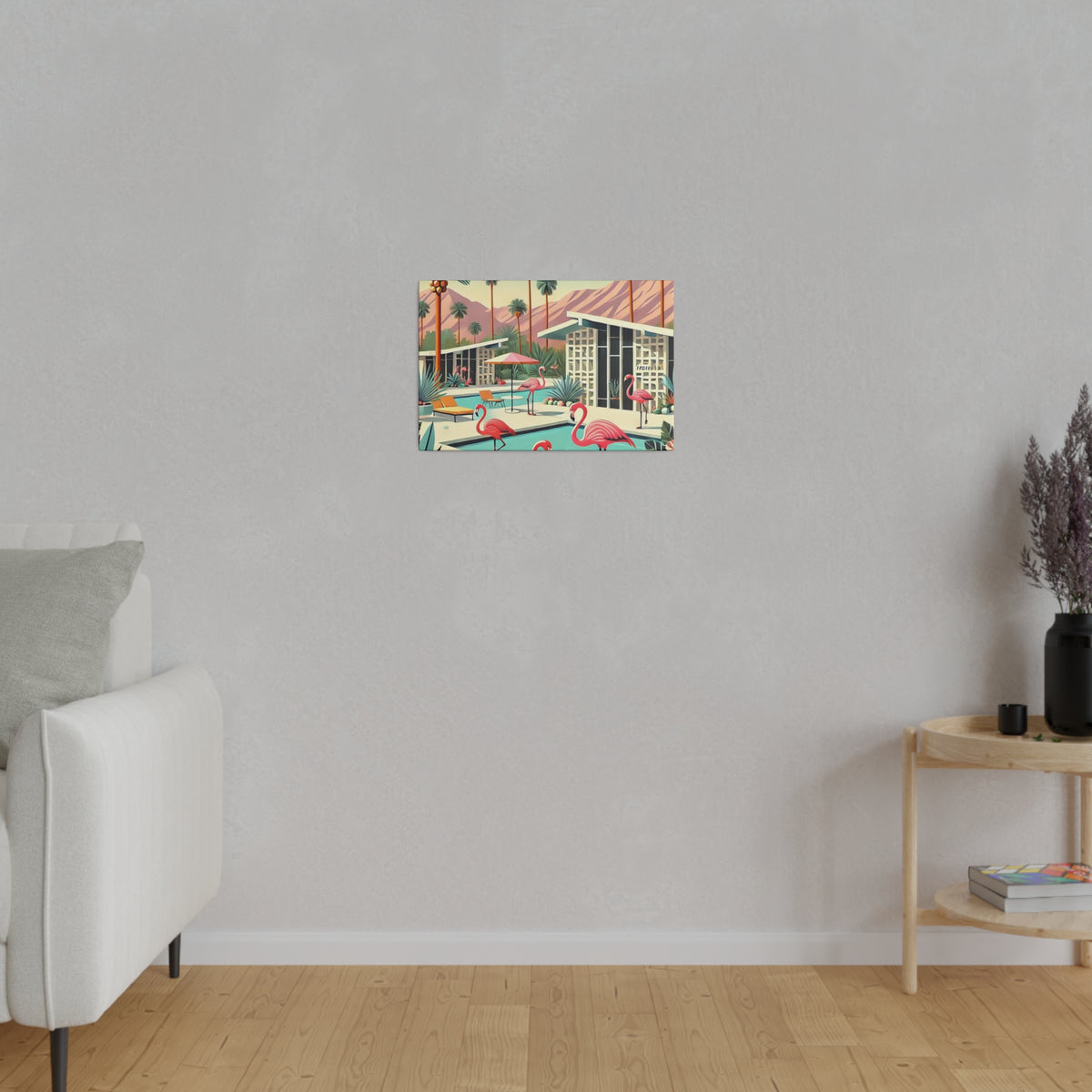 Mid-century modern wall art featuring pink flamingos and a Palm Springs pool scene, capturing a retro aesthetic.