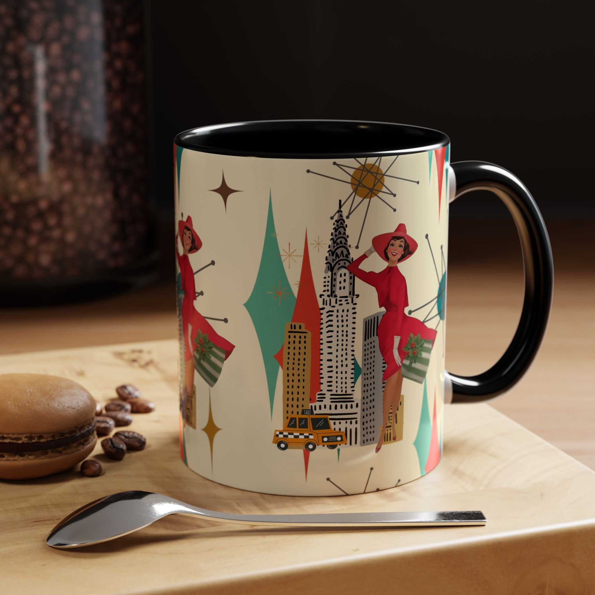 Mid Century Modern Kitschy Christmas Gal, Franciscan Starburst Diamond Retro Chic Accent Coffee Mug - Vintage Cityscape Design - Mid Century Modern Gal
