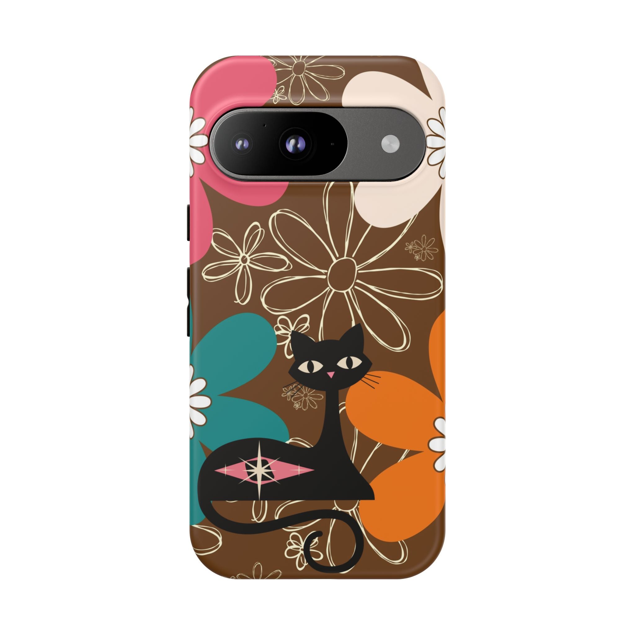 Atomic Cat Retro 70s Vibe Flower Power Tough Cases: Cute Floral and Cat Phone Case for Cat Lovers