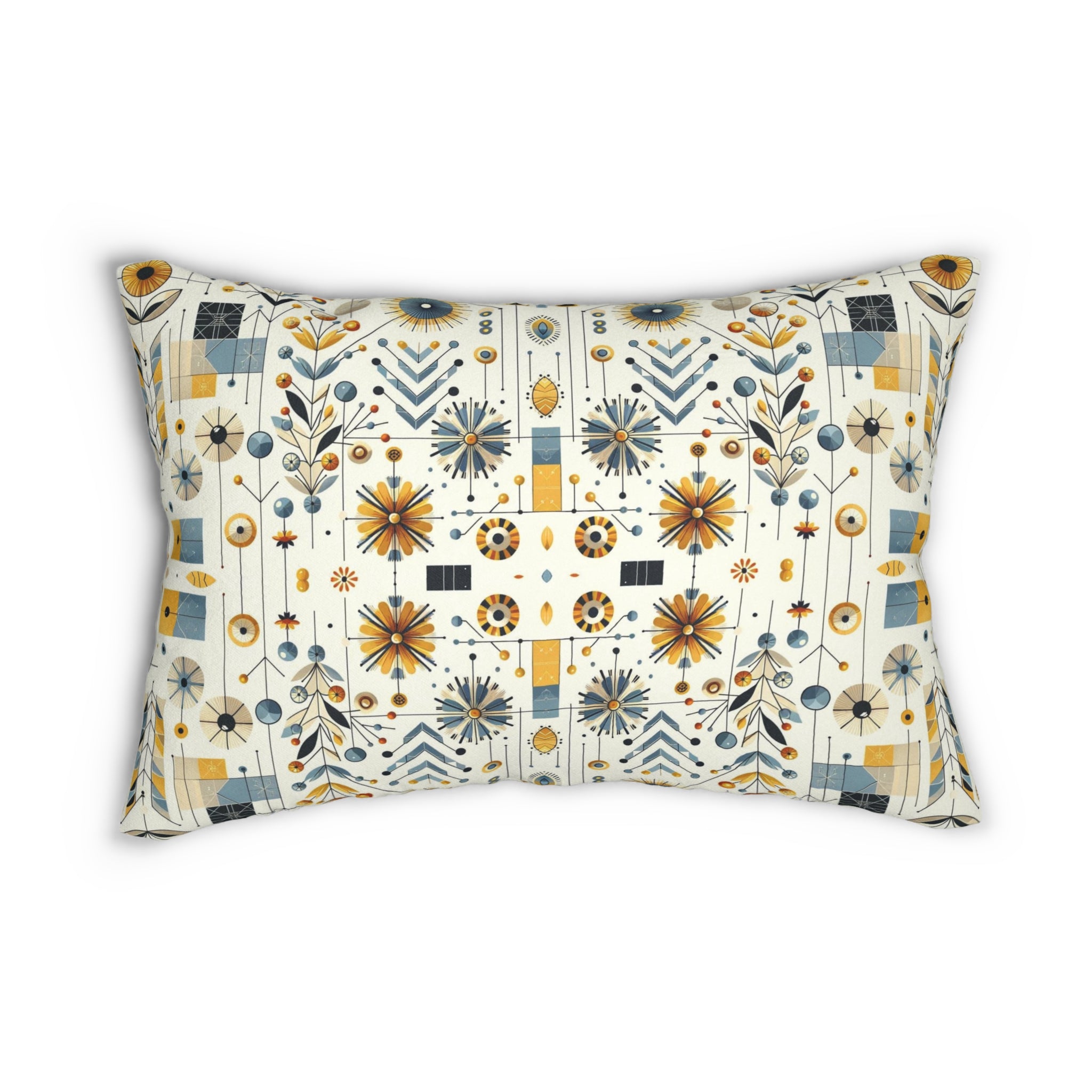 Modern Scandinavian Danish Norwegian Designed Floral Golden Yellow, Blue Mid Century Modern Lumbar Pillow - Mid Century Modern Gal